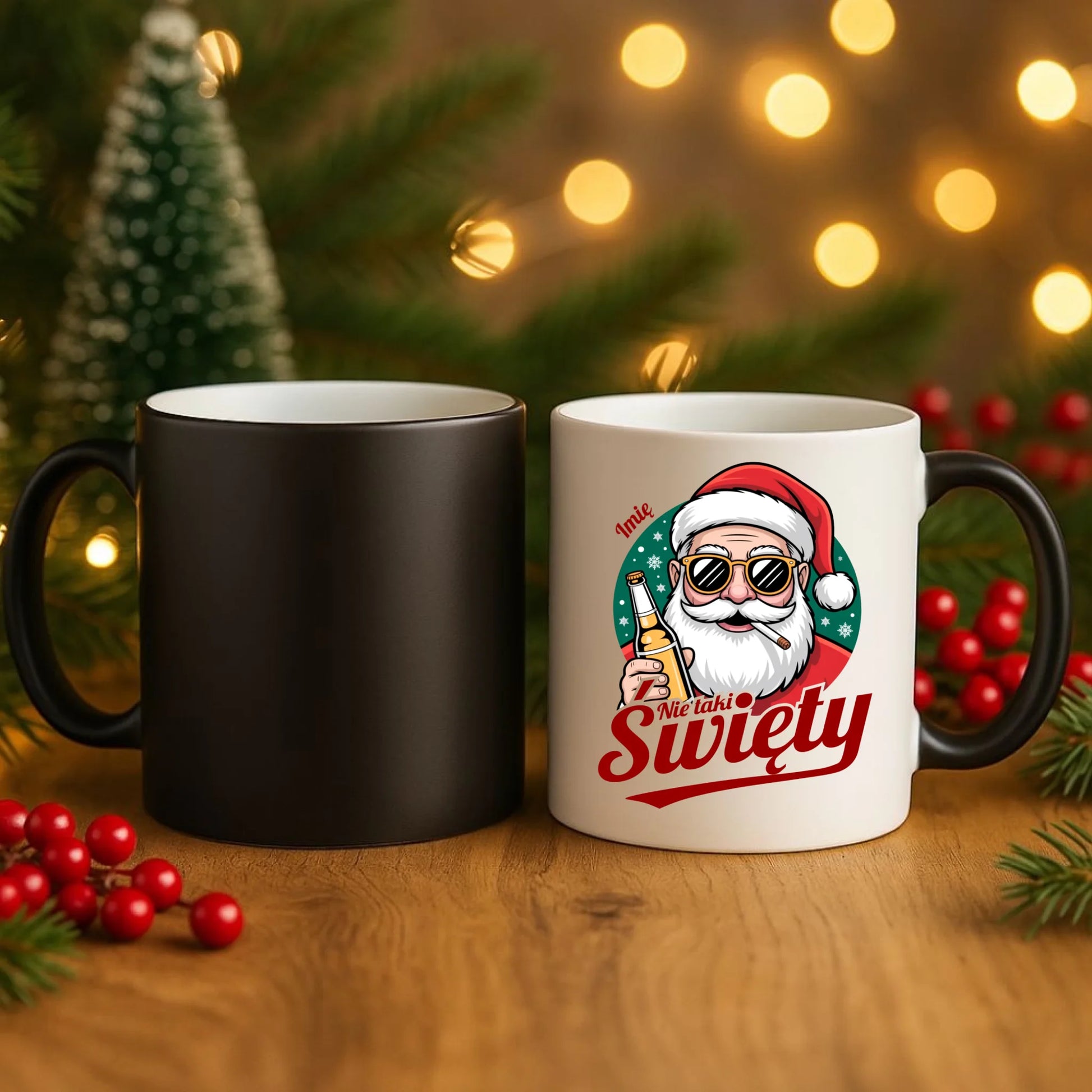 Kubek magiczny świąteczny - Mikołaj nie taki święty - personalizowany BN80 - StoryCups.pl