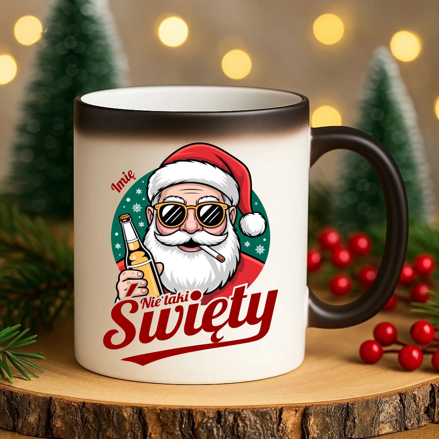 Kubek magiczny świąteczny - Mikołaj nie taki święty - personalizowany BN80 - StoryCups.pl