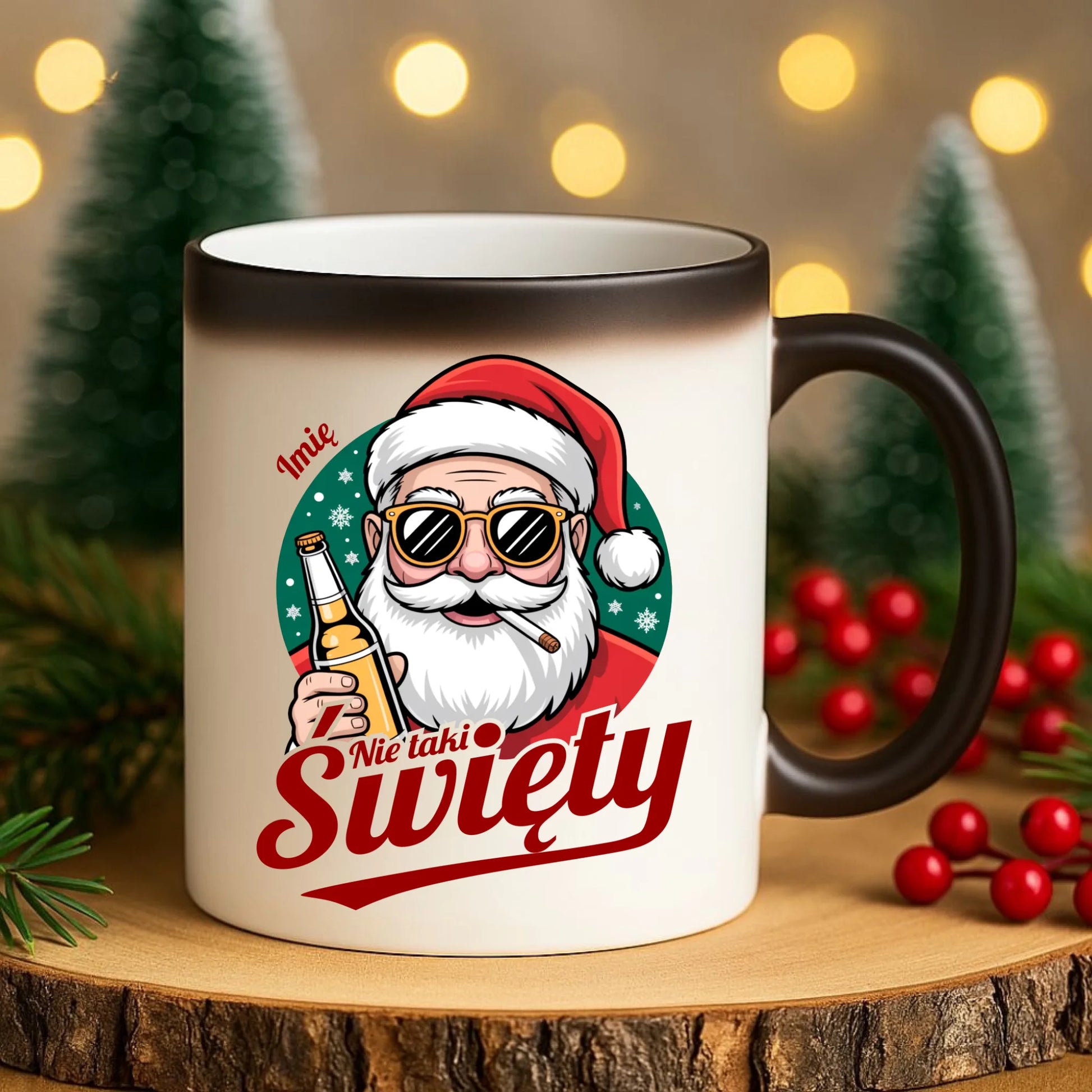 Kubek magiczny świąteczny - Mikołaj nie taki święty - personalizowany BN80 - StoryCups.pl