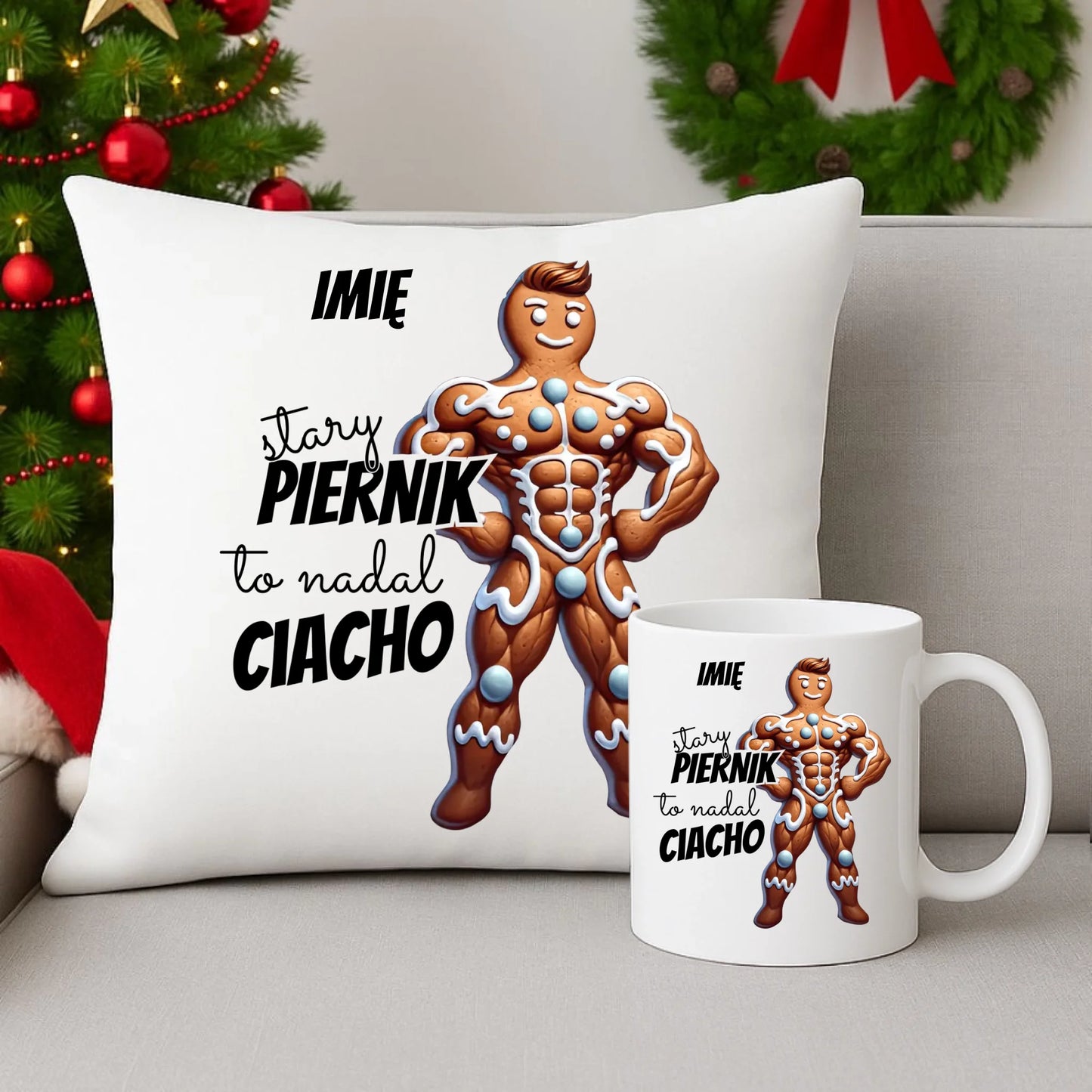 Zestaw poduszka i kubek świąteczny - Stary piernik to nadal ciacho - personalizowany BN23