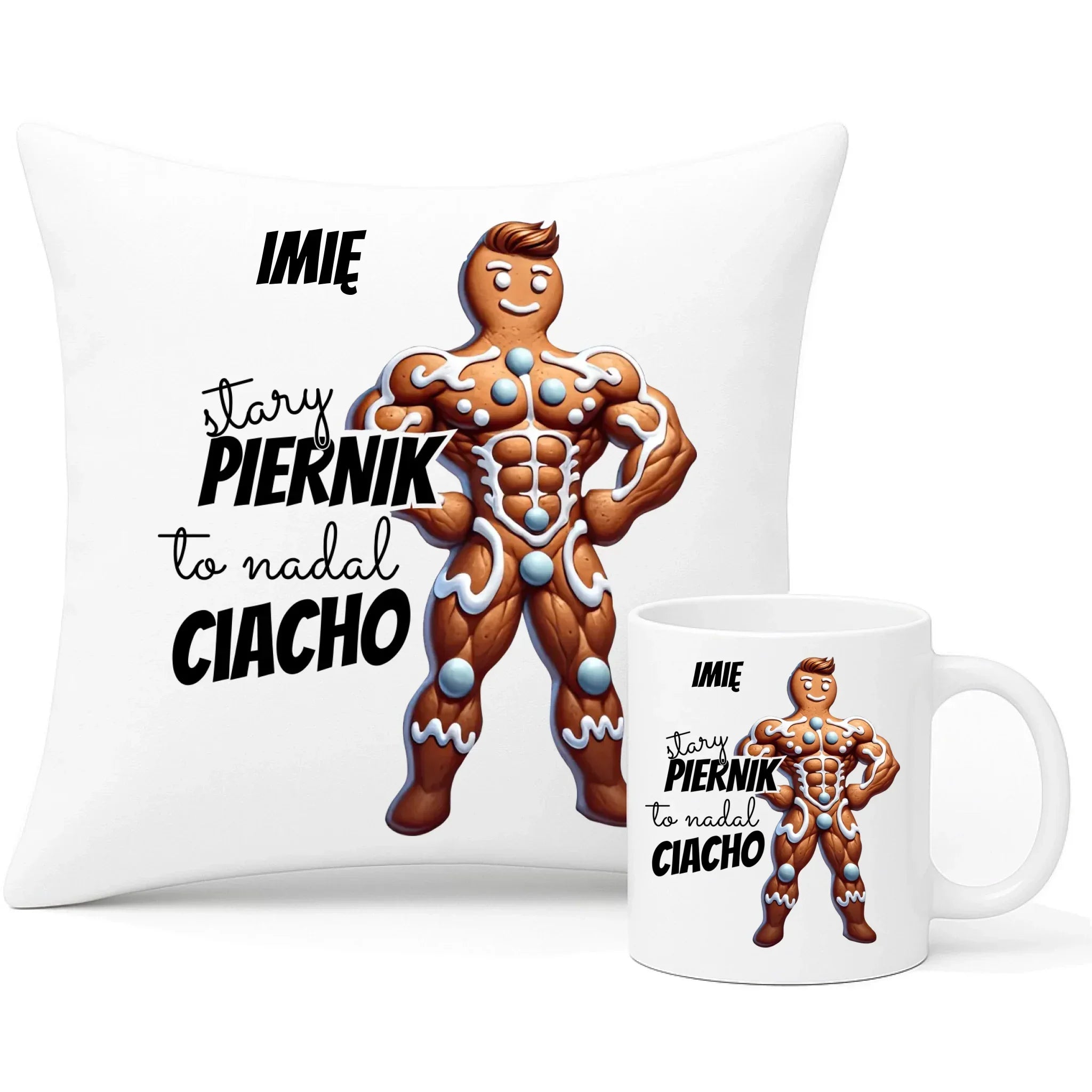 Zestaw poduszka i kubek świąteczny - Stary piernik to nadal ciacho - personalizowany BN23 - StoryCups.pl