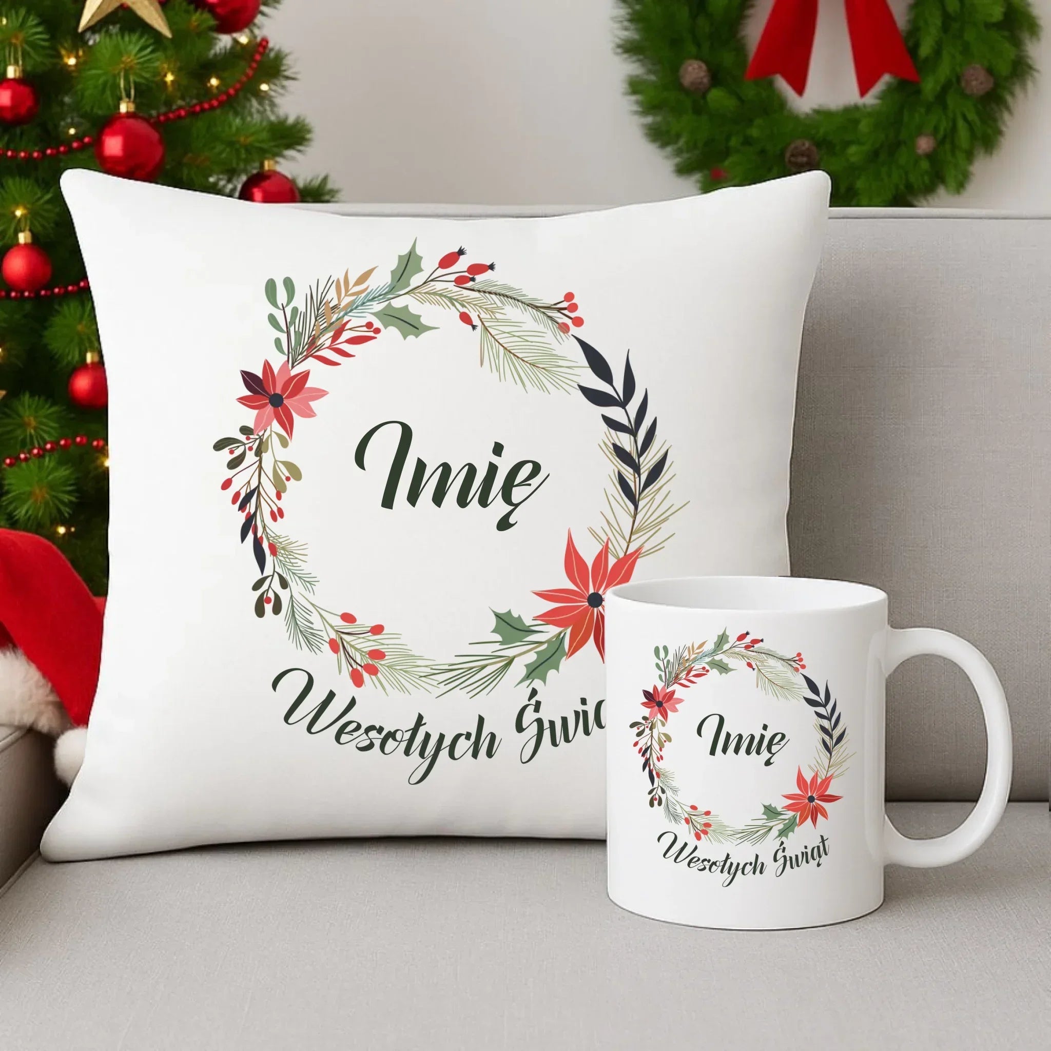 Zestaw poduszka i kubek świąteczny - Wesołych Świąt - personalizowany BN19 - StoryCups.pl