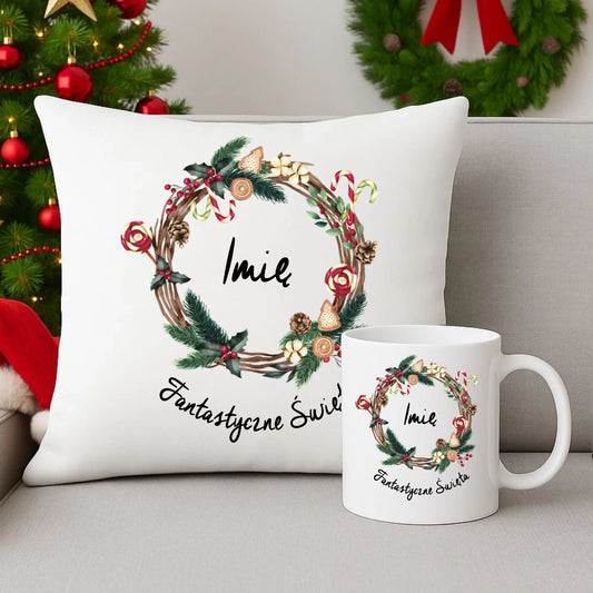 Zestaw poduszka i kubek świąteczny - Fantastyczne Święta - personalizowany BN14