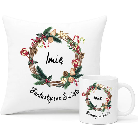 Zestaw poduszka i kubek świąteczny - Fantastyczne Święta - personalizowany BN14