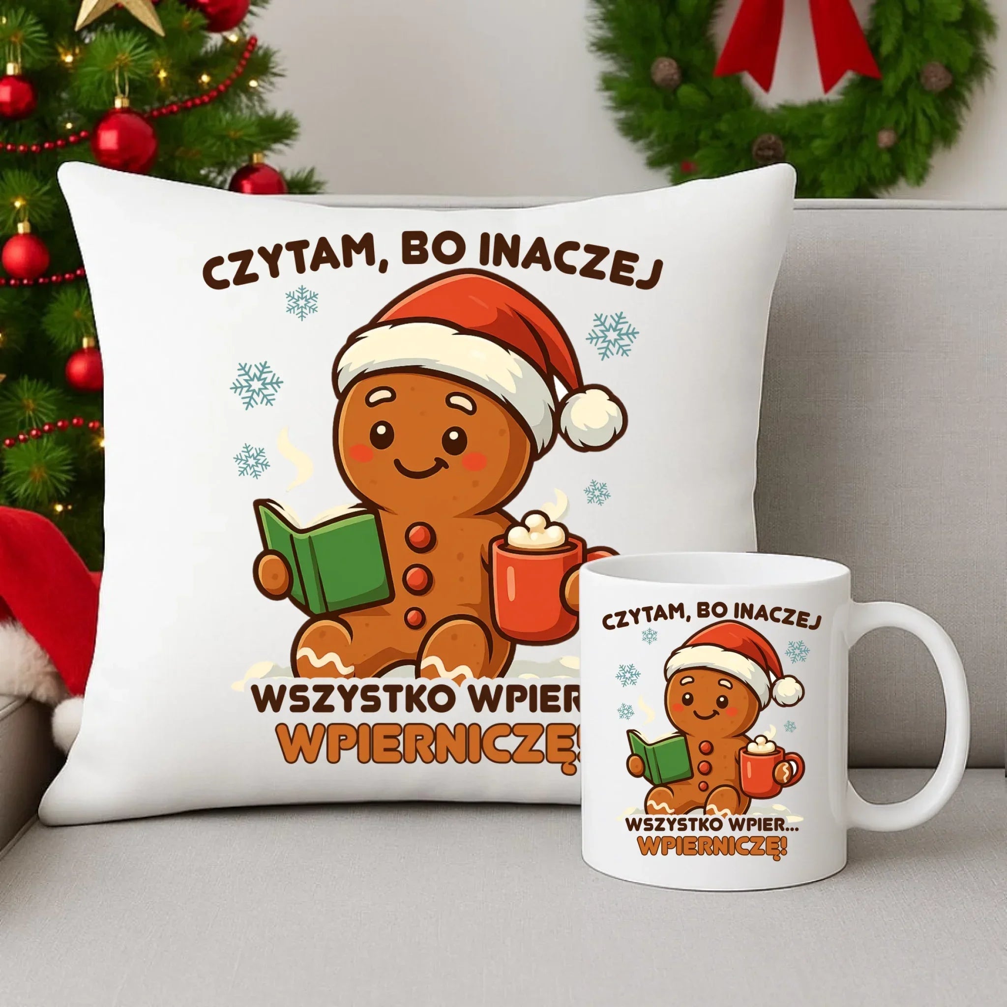 Zestaw poduszka i kubek świąteczny - Czytam, bo inaczej wszystko wpier... wpierniczę BN79 - StoryCups.pl