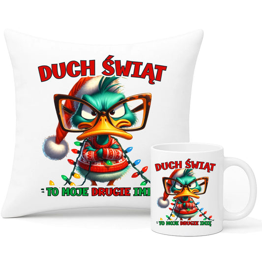 Zestaw poduszka i kubek świąteczny - Duch Świąt to moje drugie imię BN76 - StoryCups.pl