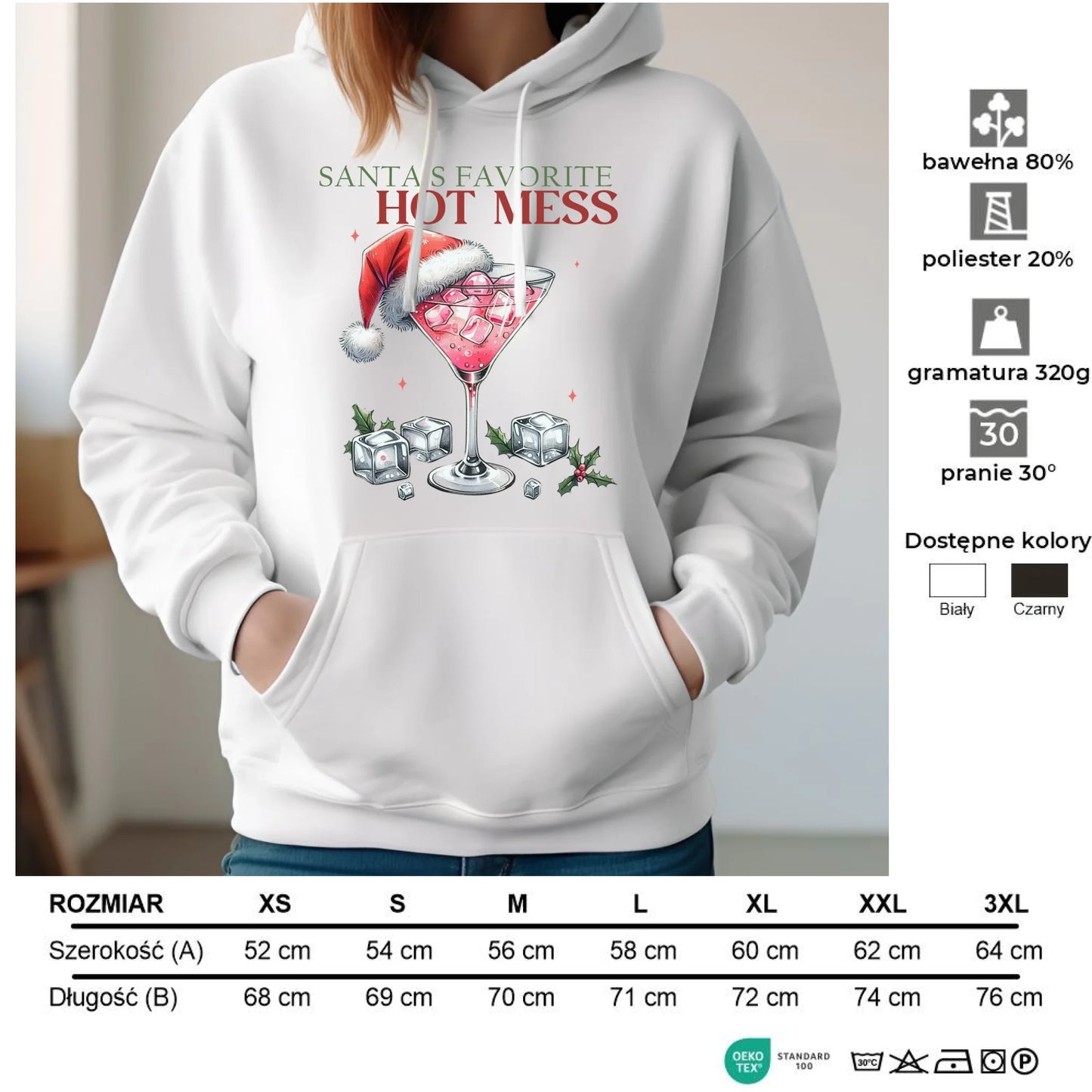 Bluza damska z kapturem świąteczna - Santa's favorite hot mess BN75 - StoryCups.pl