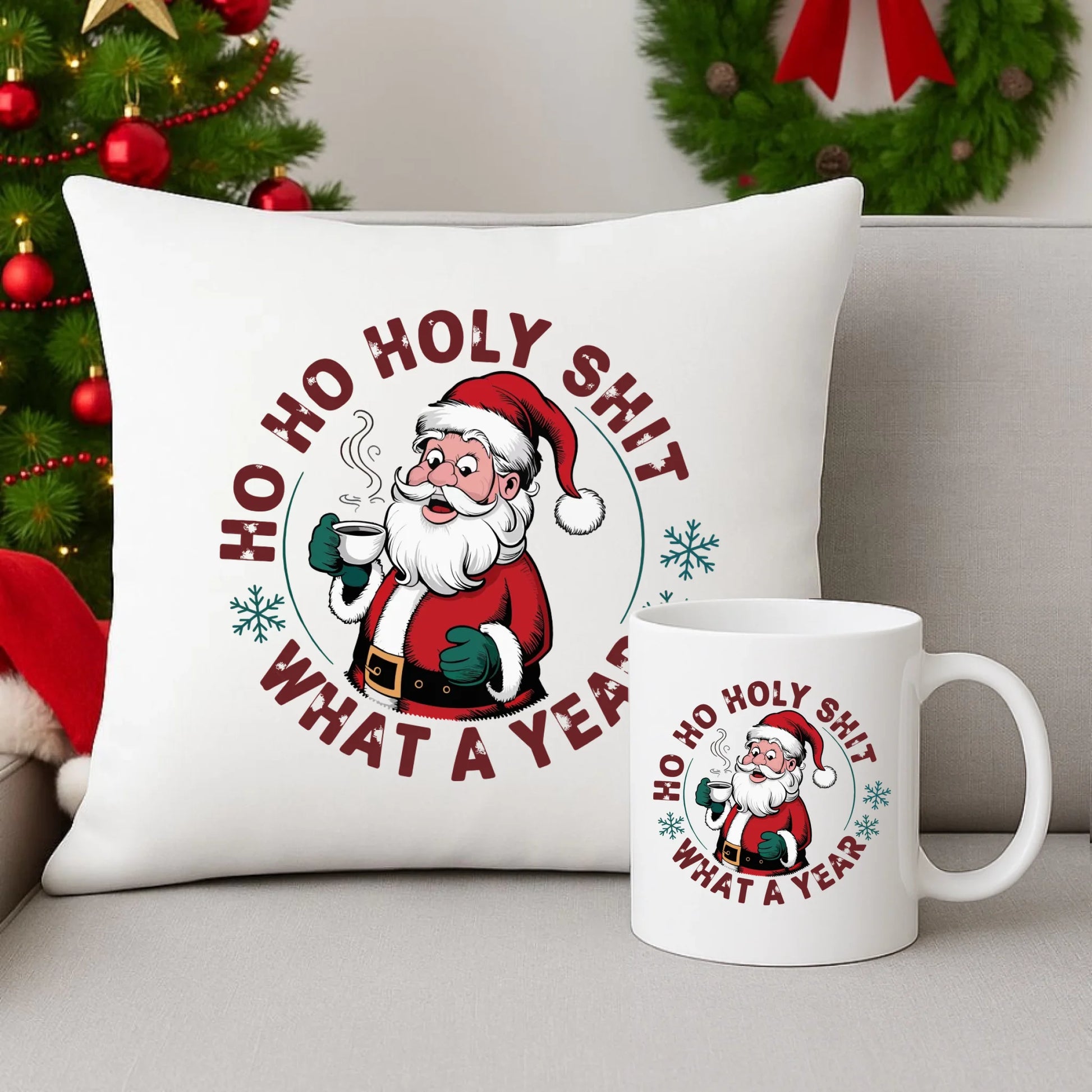 Zestaw poduszka i kubek świąteczny - Ho ho holy shit what a year BN74 - StoryCups.pl