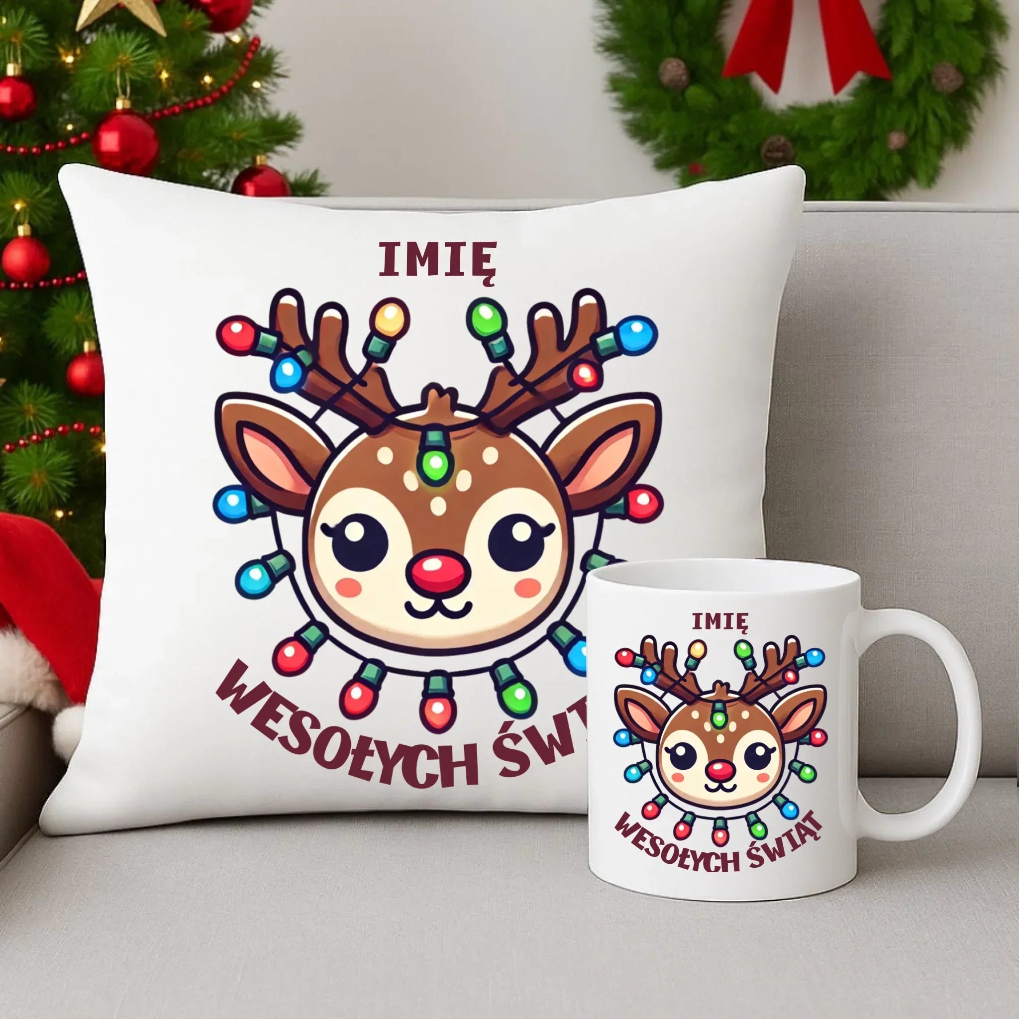 Zestaw poduszka i kubek świąteczny - Renifer Wesołych Świąt - personalizowany BN72 - StoryCups.pl