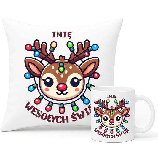 Zestaw poduszka i kubek świąteczny - Renifer Wesołych Świąt - personalizowany BN72
