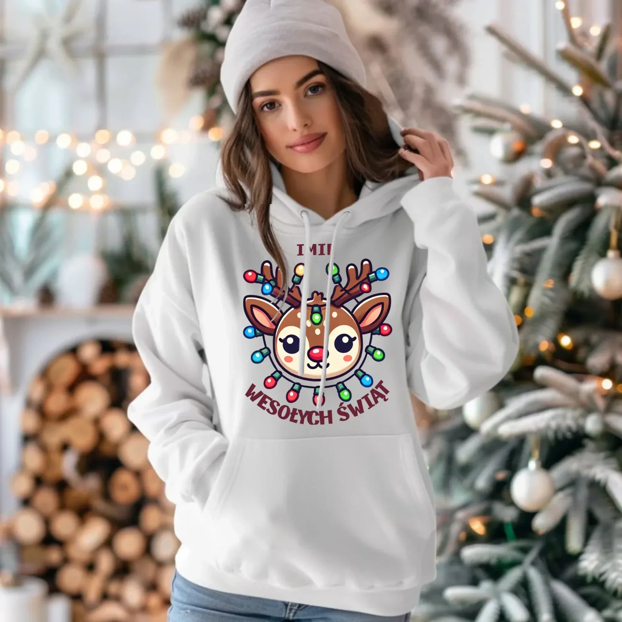 Bluza damska z kapturem świąteczna - Renifer Wesołych Świąt - personalizowana BN72 - StoryCups.pl