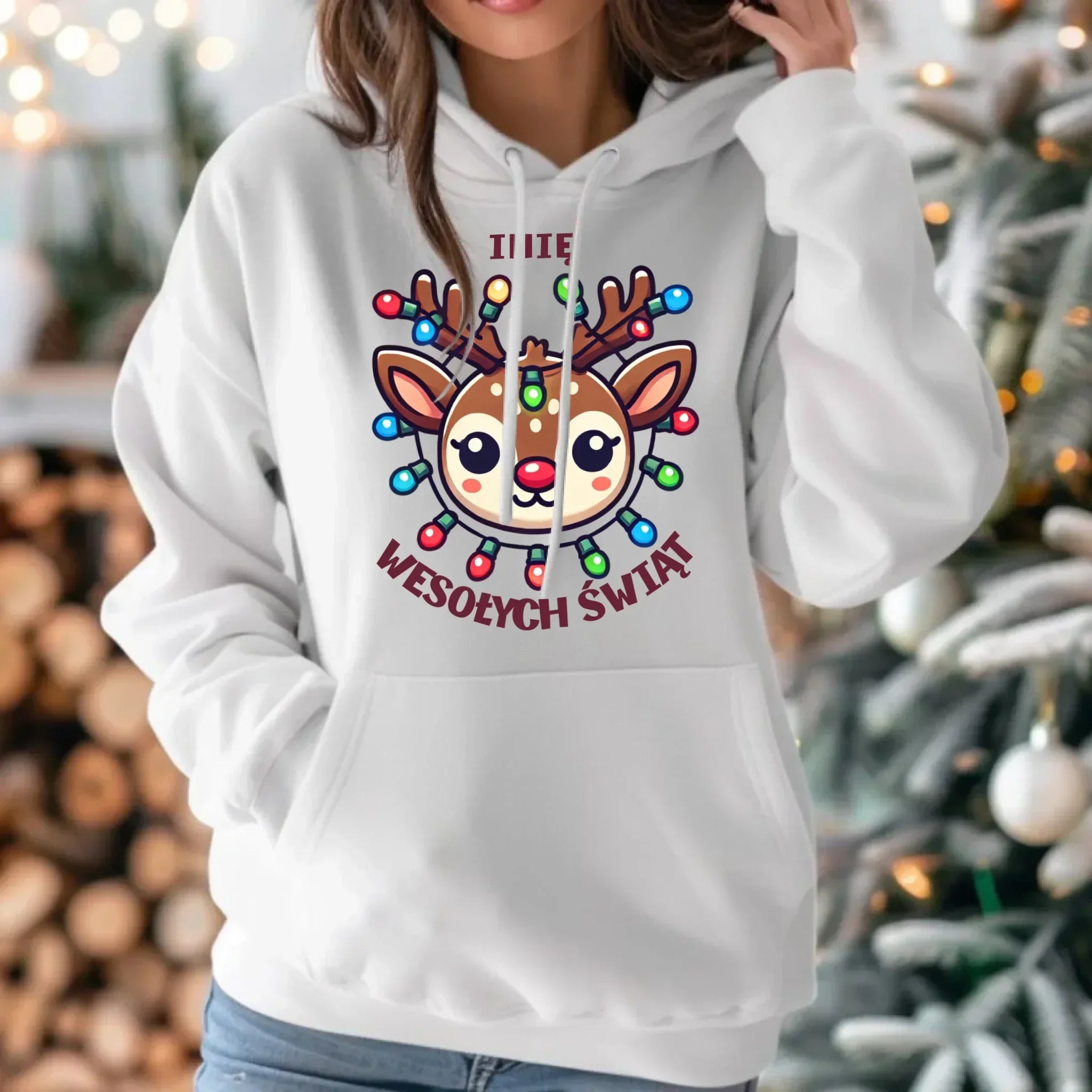 Bluza damska z kapturem świąteczna - Renifer Wesołych Świąt - personalizowana BN72 - StoryCups.pl