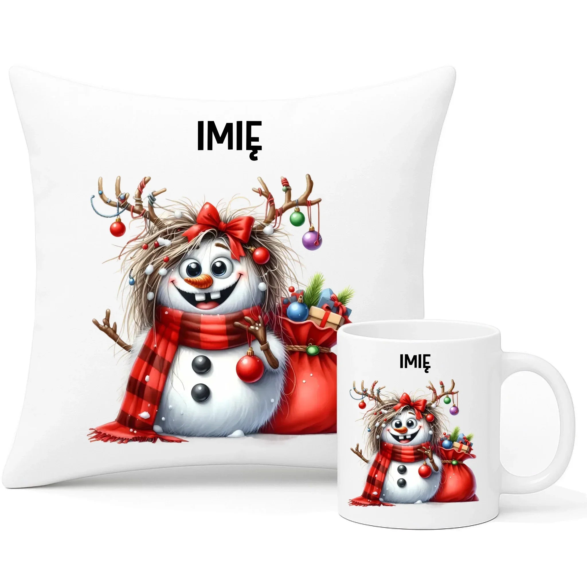 Zestaw poduszka i kubek świąteczny - Bałwanek - personalizowany BN70 - StoryCups.pl