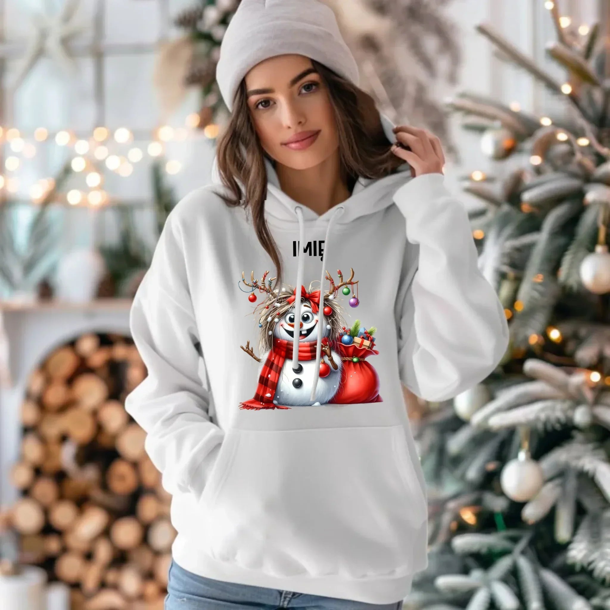 Bluza damska z kapturem świąteczna - Bałwanek - personalizowana BN70 - StoryCups.pl