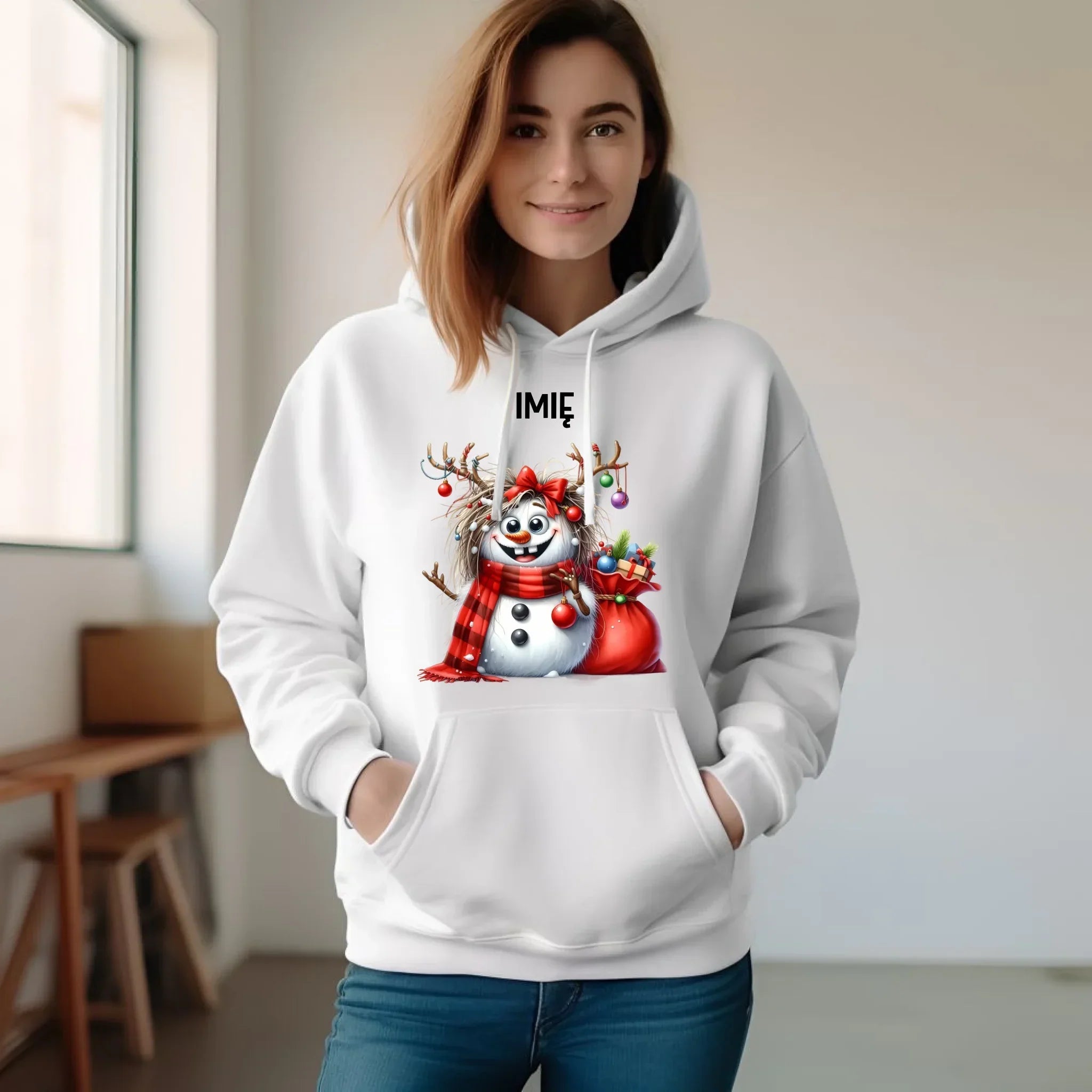 Bluza damska z kapturem świąteczna - Bałwanek - personalizowana BN70 - StoryCups.pl