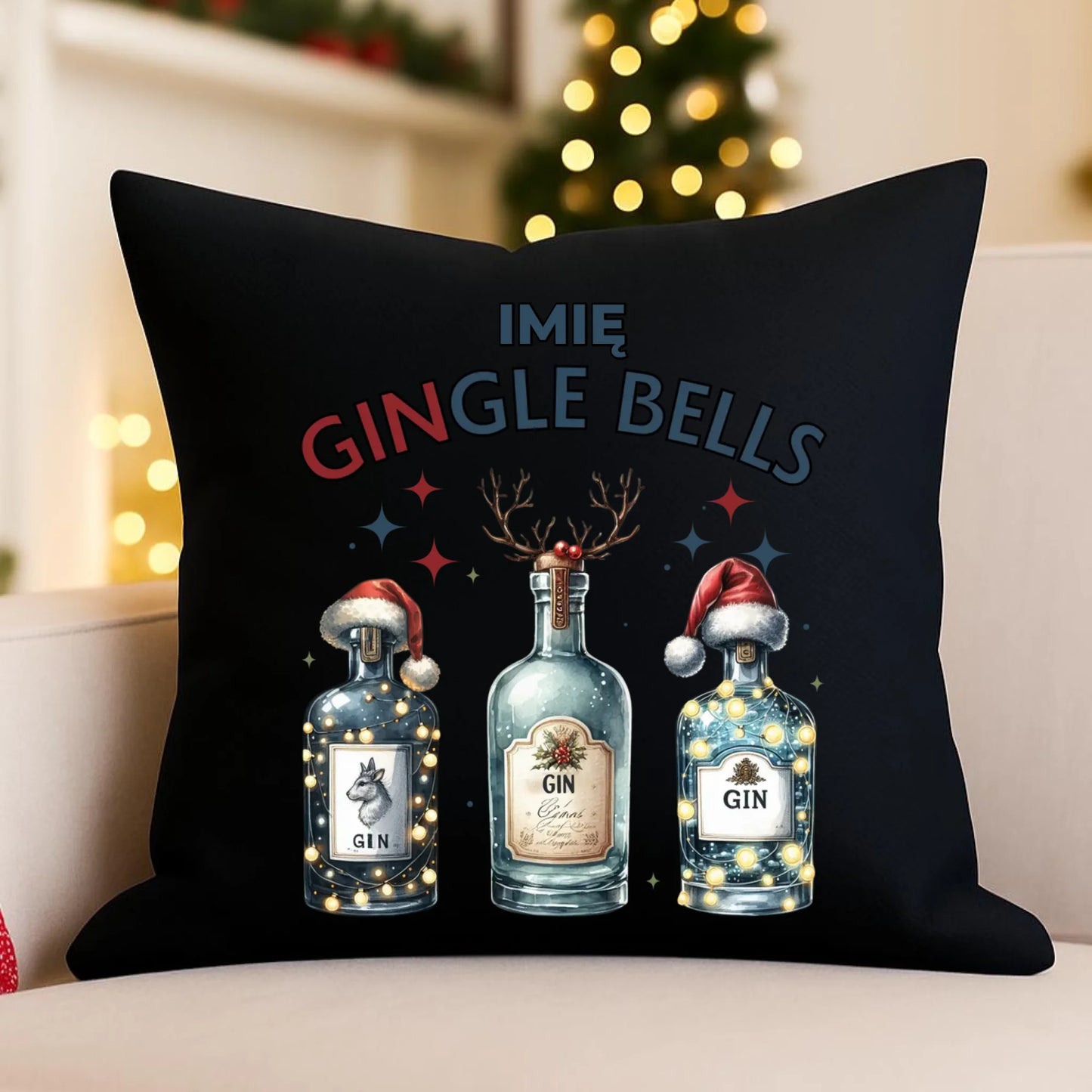 Poduszka dekoracyjna świąteczna - Gin Gingle bells - personalizowana BN68 - StoryCups.pl