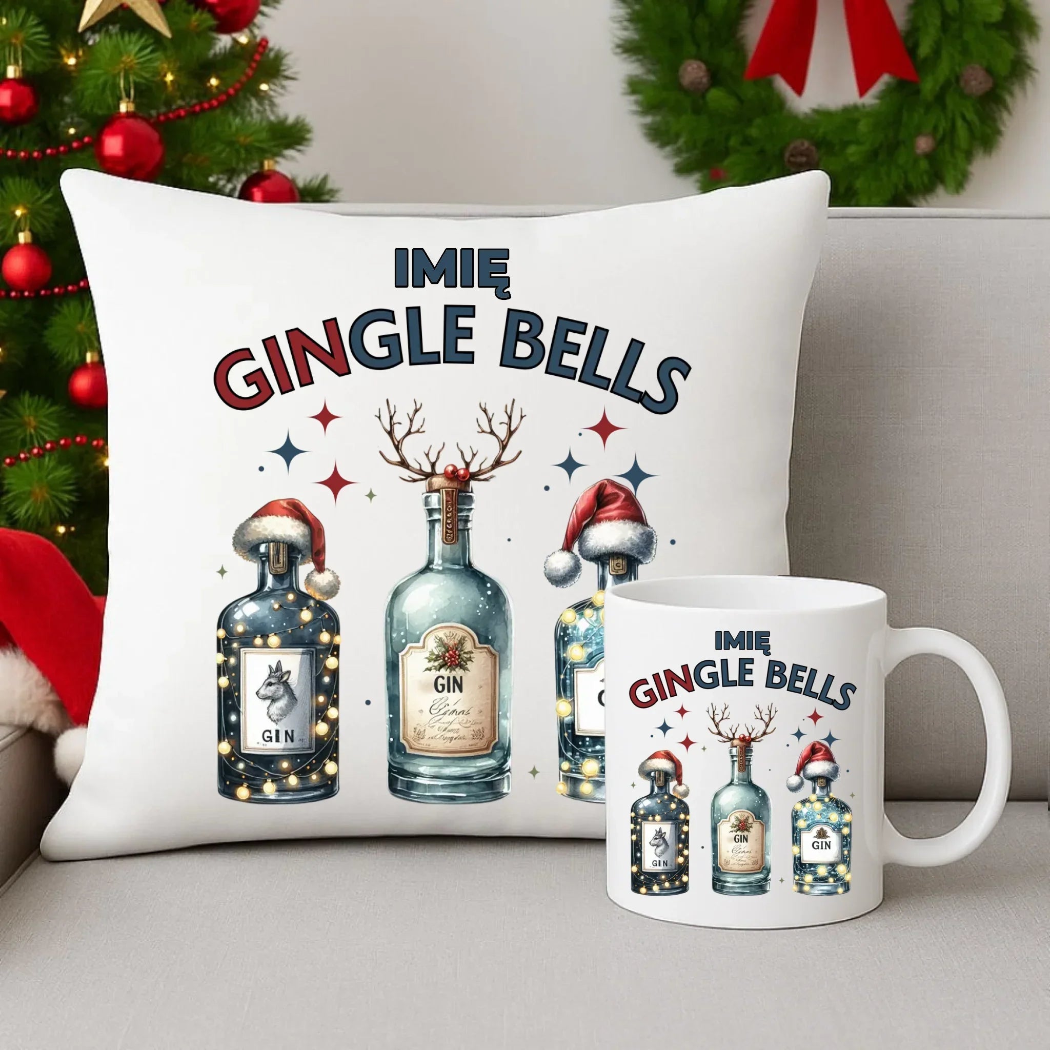 Zestaw poduszka i kubek świąteczny - Gin Gingle bells - personalizowany BN68 - StoryCups.pl