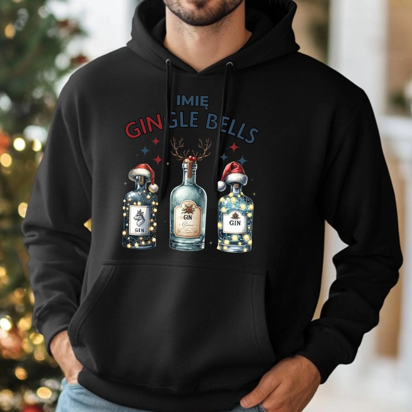 Bluza męska z kapturem świąteczna - Gin Gingle bells - personalizowana BN68 - StoryCups.pl
