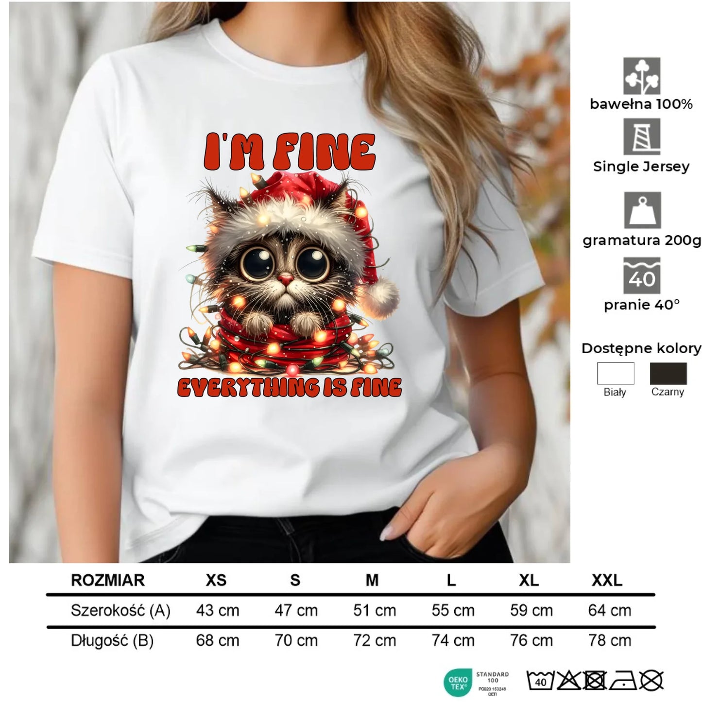 Koszulka damska świąteczna - Kotek I'm fine everything is fine BN67 - StoryCups.pl