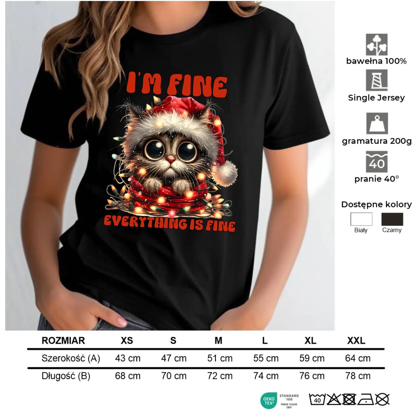 Koszulka damska świąteczna - Kotek I'm fine everything is fine BN67 - StoryCups.pl