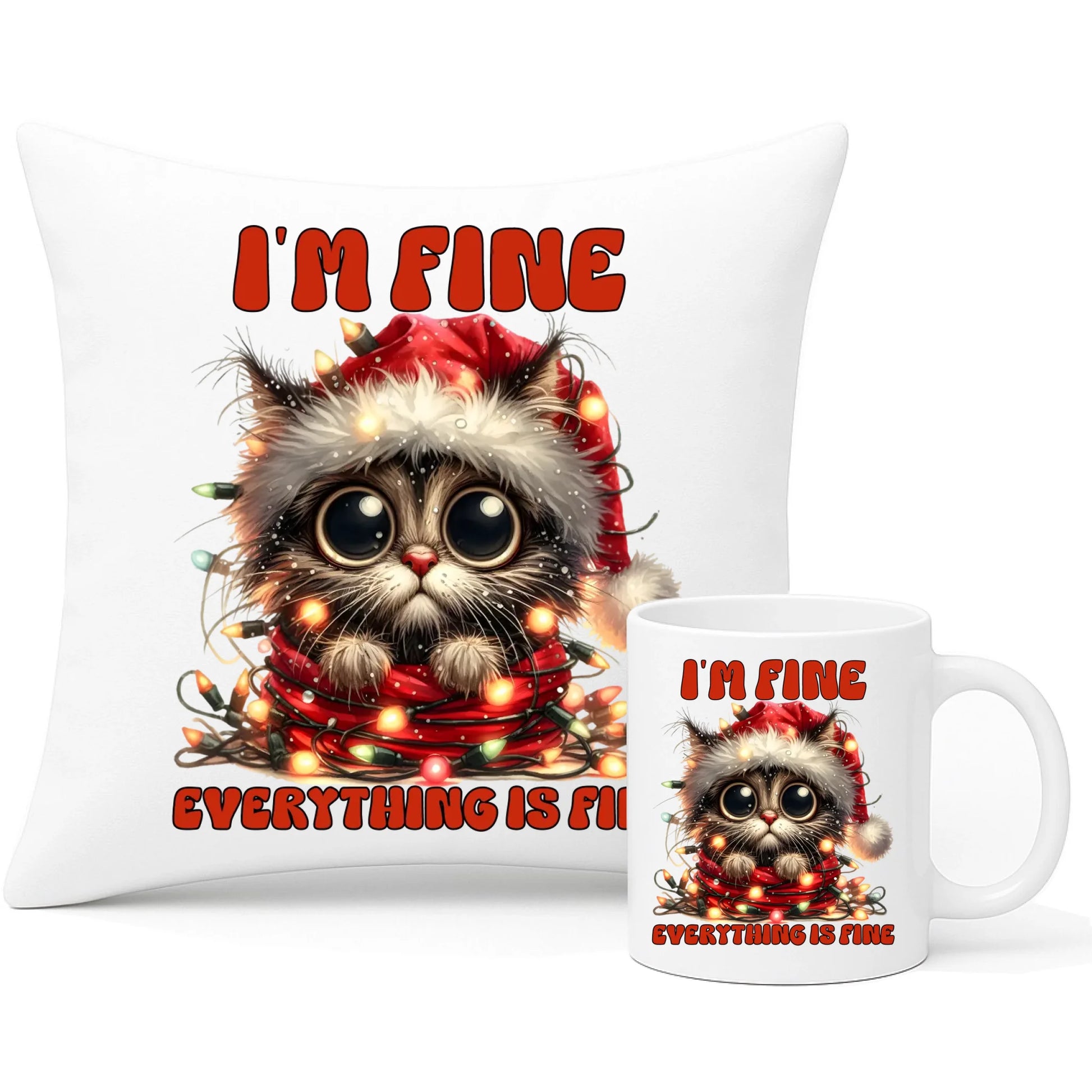 Zestaw poduszka i kubek świąteczny - Kotek I'm fine everything is fine BN67 - StoryCups.pl