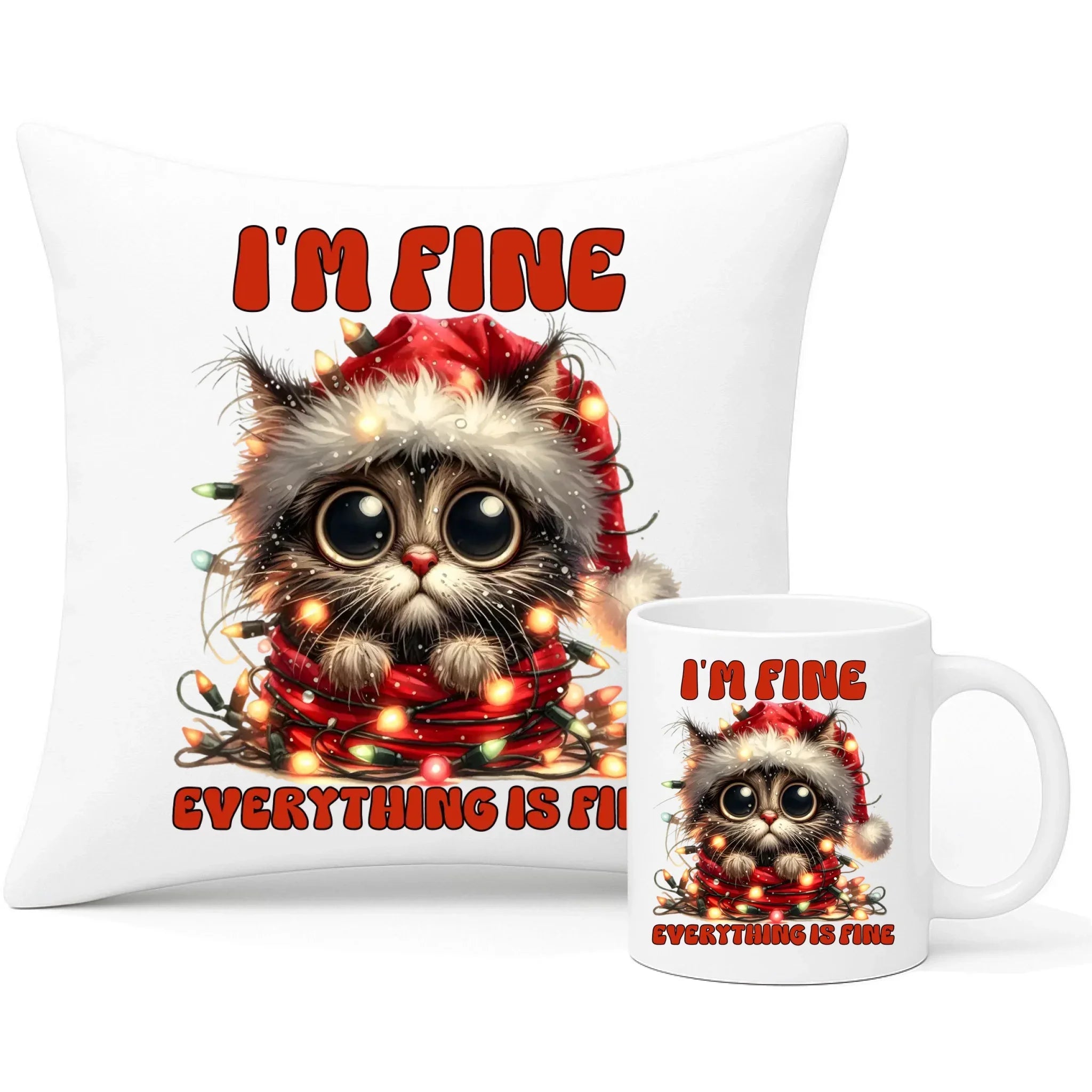 Zestaw poduszka i kubek świąteczny - Kotek I'm fine everything is fine BN67 - StoryCups.pl