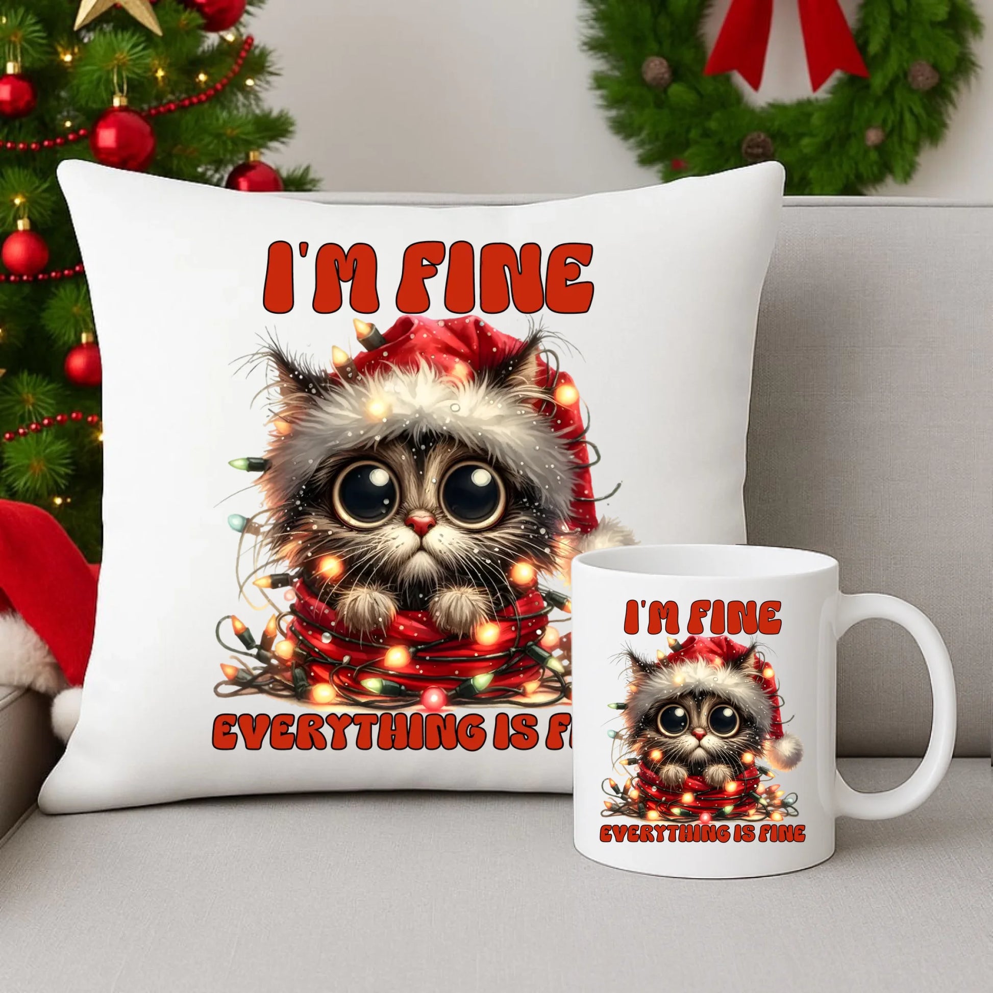 Zestaw poduszka i kubek świąteczny - Kotek I'm fine everything is fine BN67 - StoryCups.pl