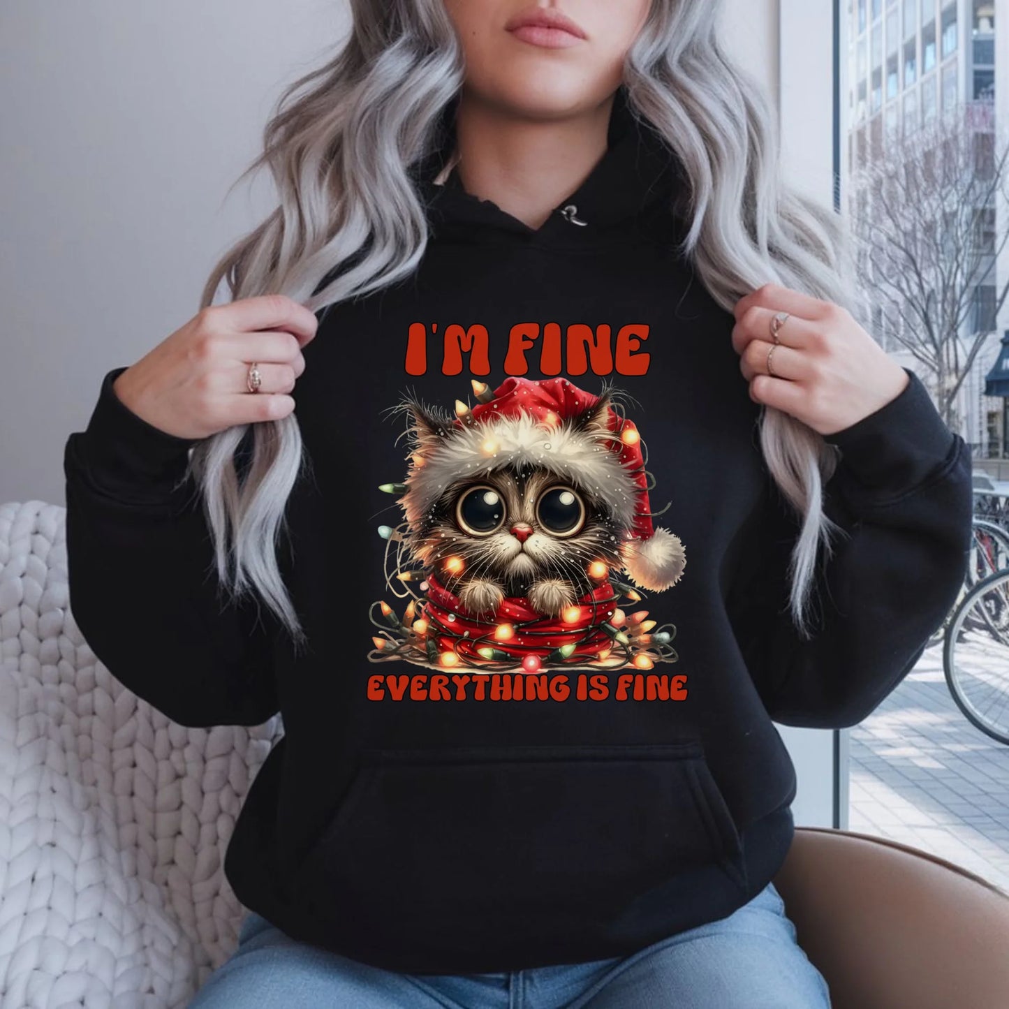 Bluza damska z kapturem świąteczna - Kotek I'm fine everything is fine BN67 - StoryCups.pl