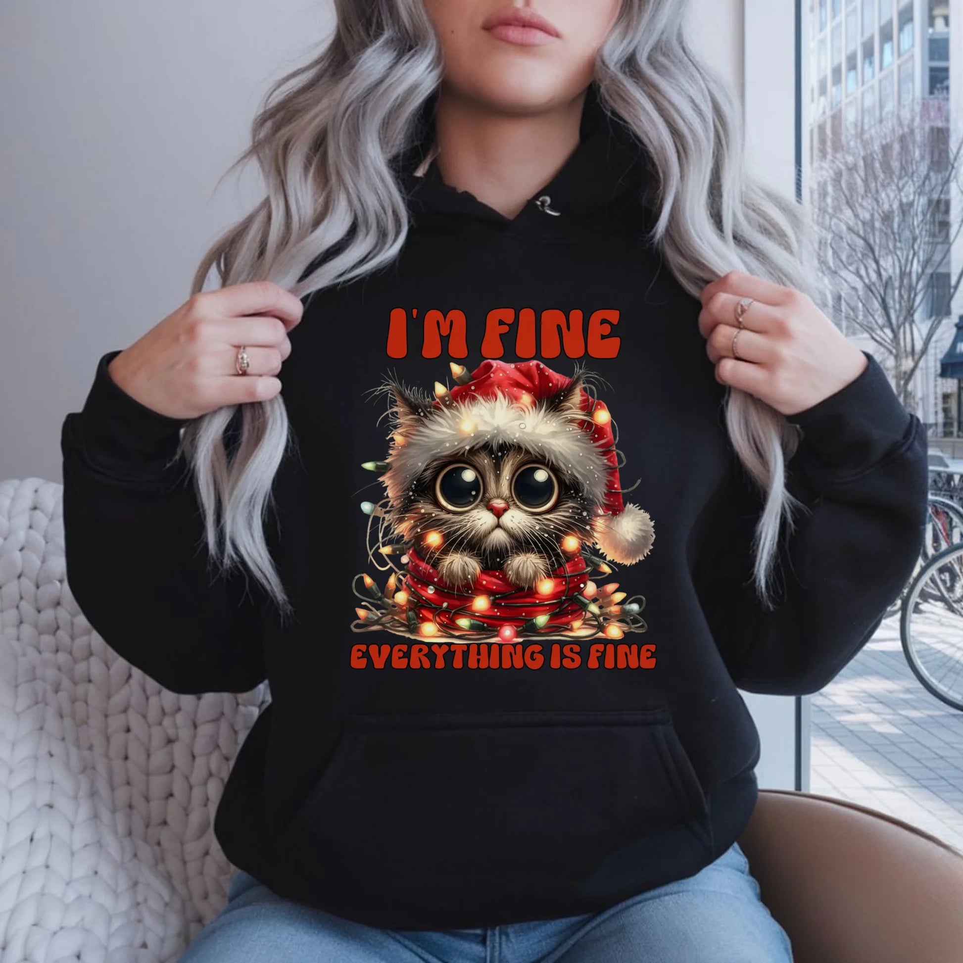 Bluza damska z kapturem świąteczna - Kotek I'm fine everything is fine BN67 - StoryCups.pl