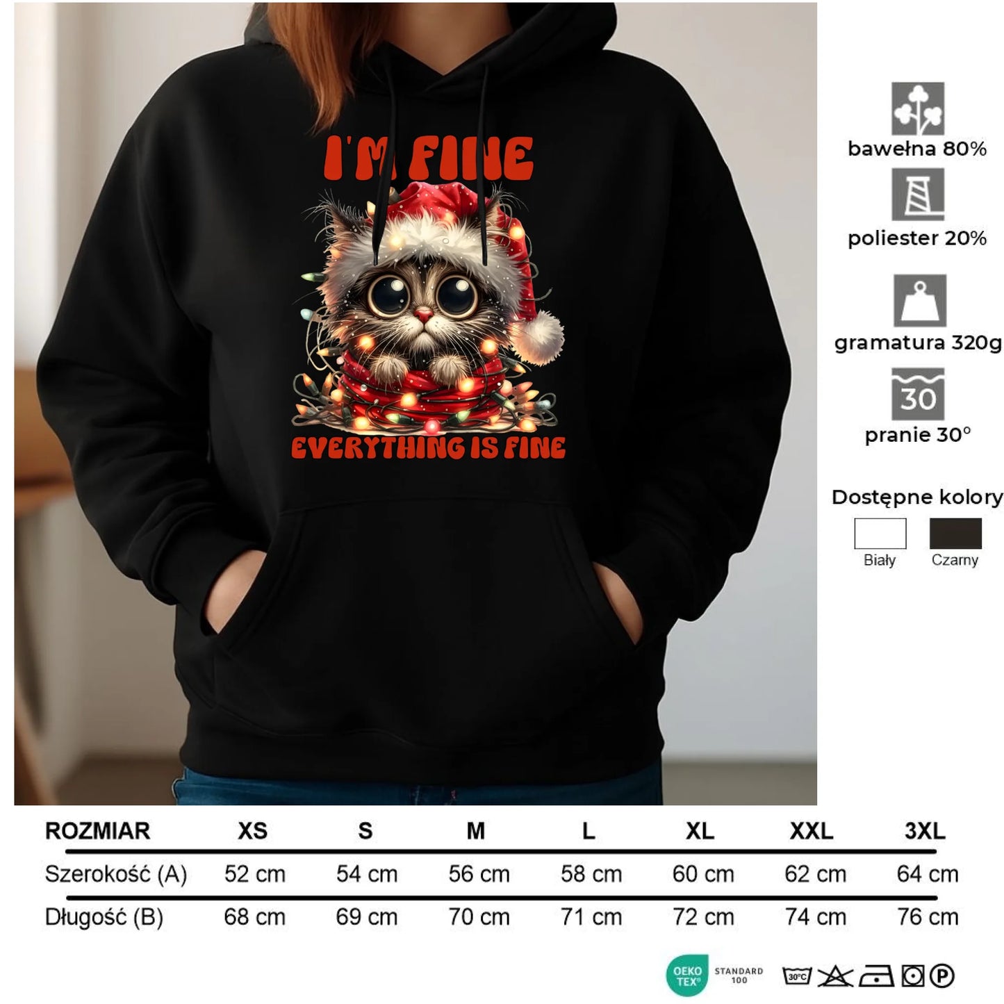 Bluza damska z kapturem świąteczna - Kotek I'm fine everything is fine BN67 - StoryCups.pl
