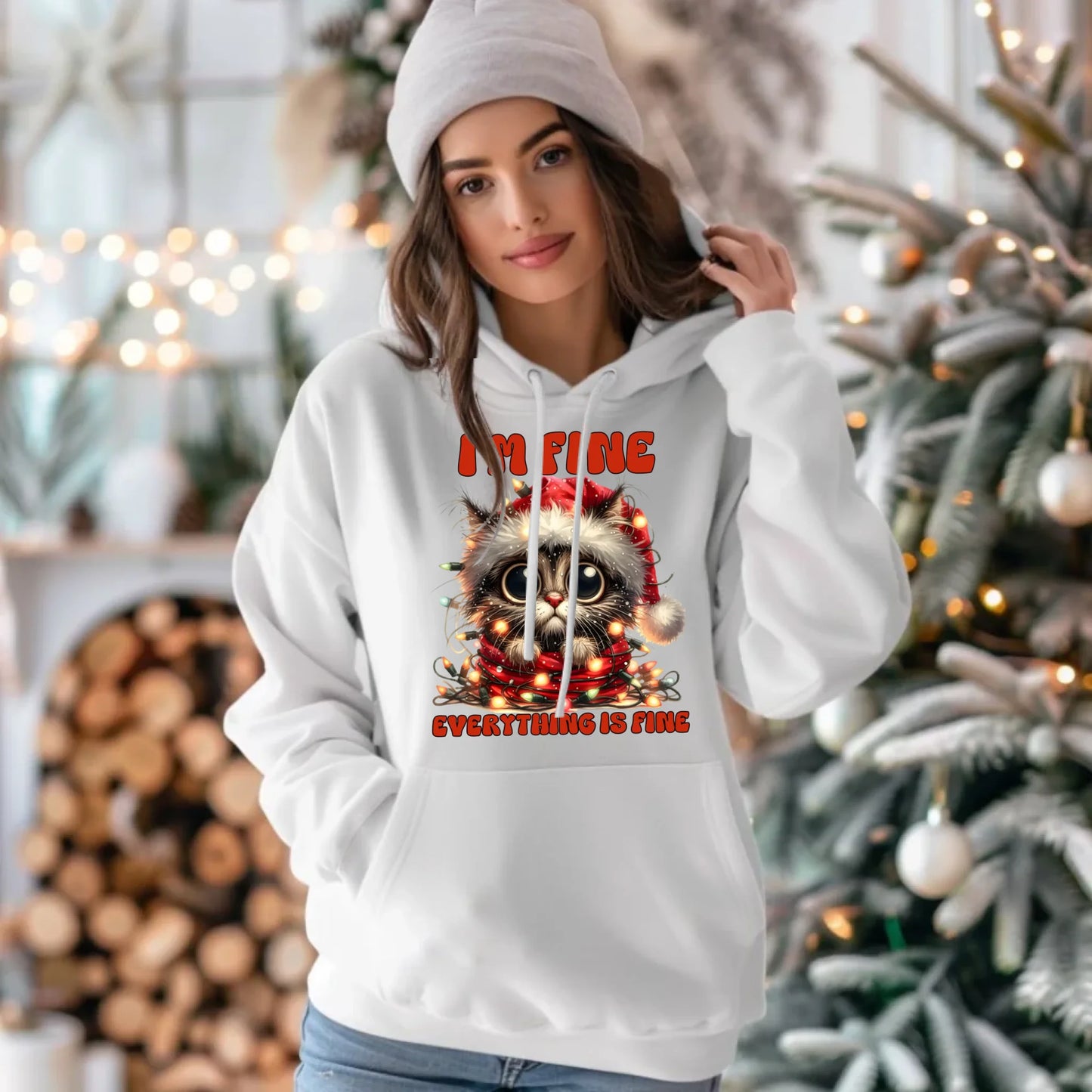 Bluza damska z kapturem świąteczna - Kotek I'm fine everything is fine BN67 - StoryCups.pl