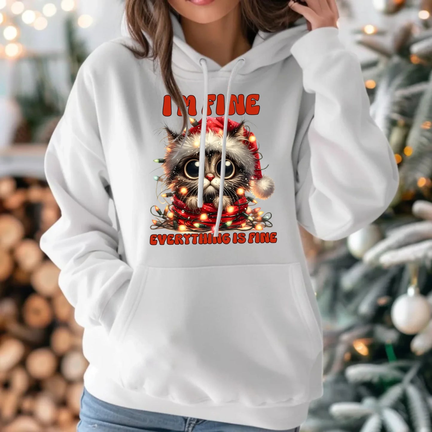 Bluza damska z kapturem świąteczna - Kotek I'm fine everything is fine BN67 - StoryCups.pl