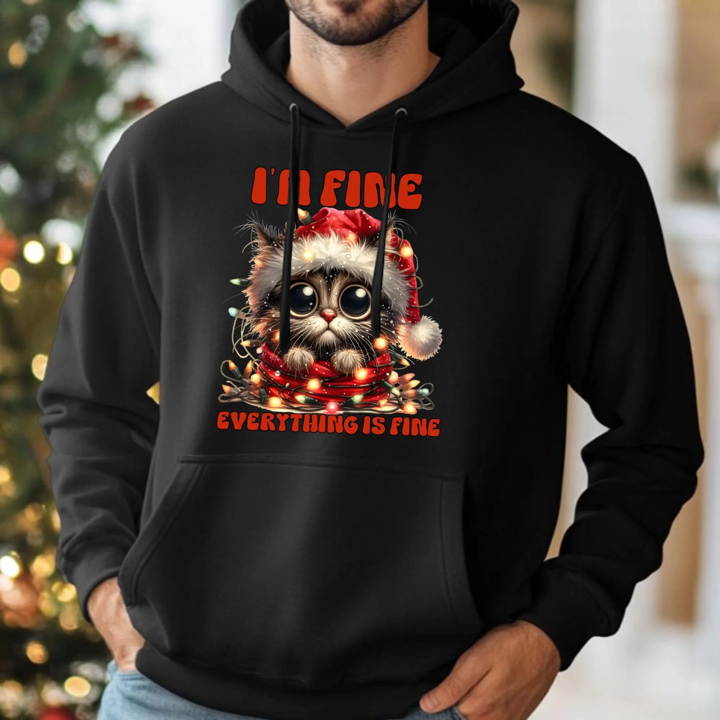 Bluza męska z kapturem świąteczna - Kotek I'm fine everything is fine BN67 - StoryCups.pl