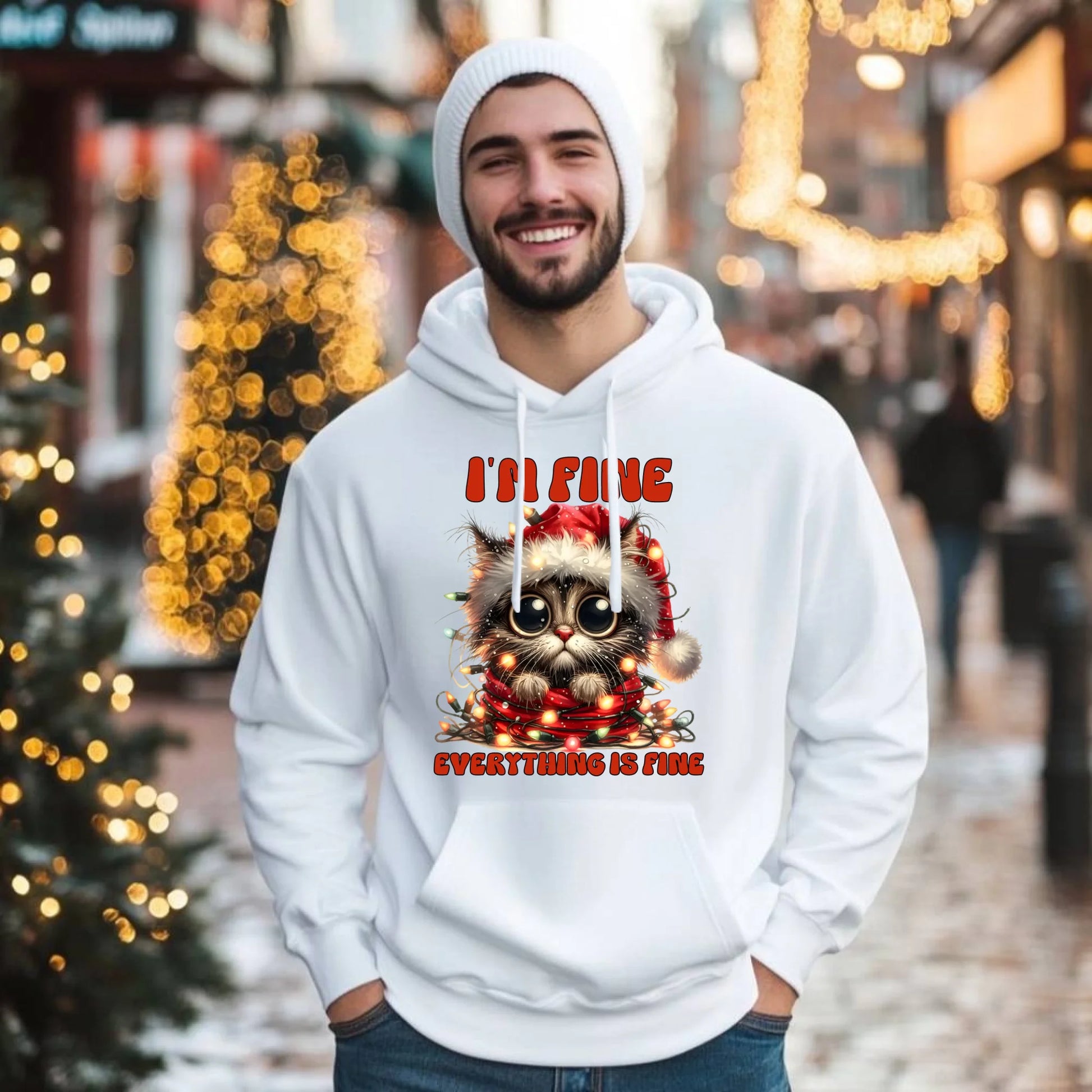 Bluza męska z kapturem świąteczna - Kotek I'm fine everything is fine BN67 - StoryCups.pl