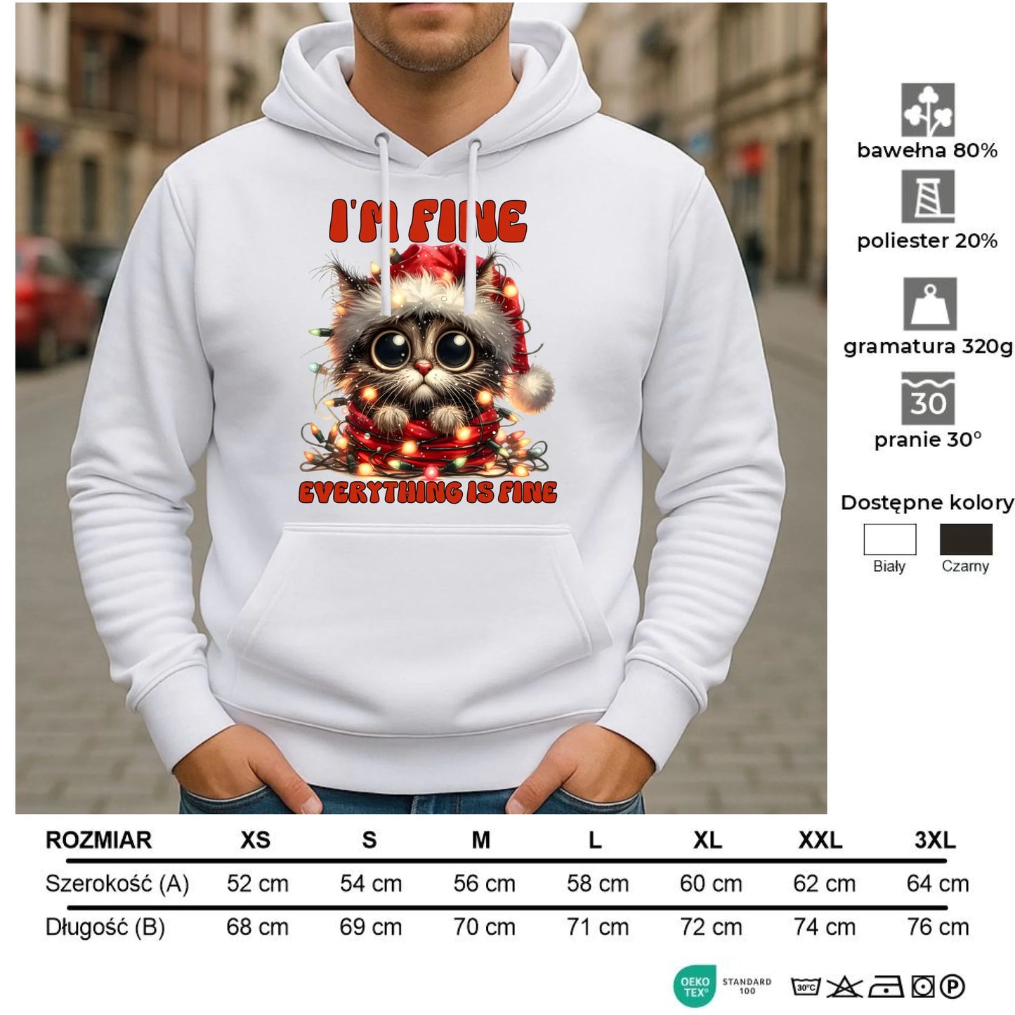 Bluza męska z kapturem świąteczna - Kotek I'm fine everything is fine BN67 - StoryCups.pl