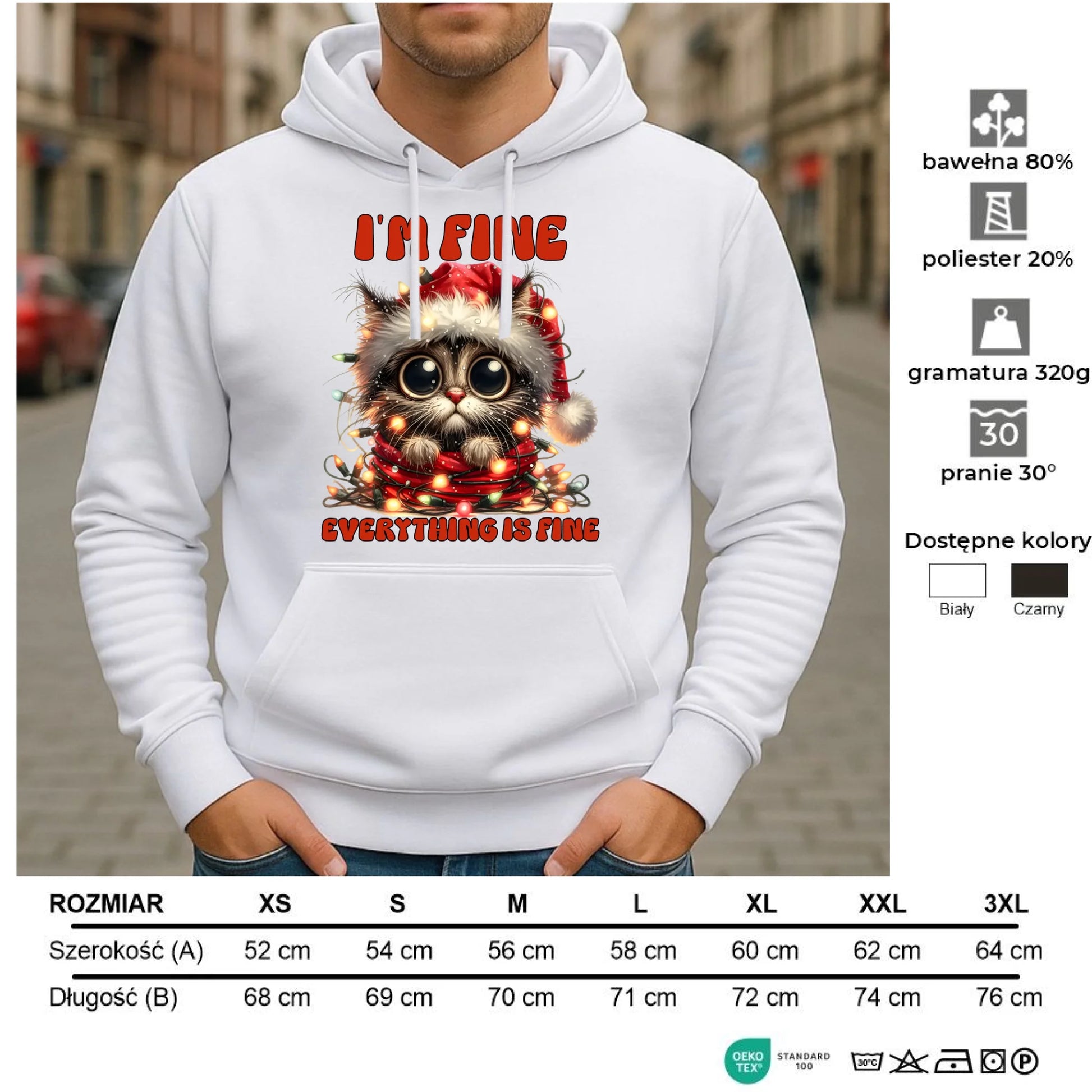 Bluza męska z kapturem świąteczna - Kotek I'm fine everything is fine BN67 - StoryCups.pl
