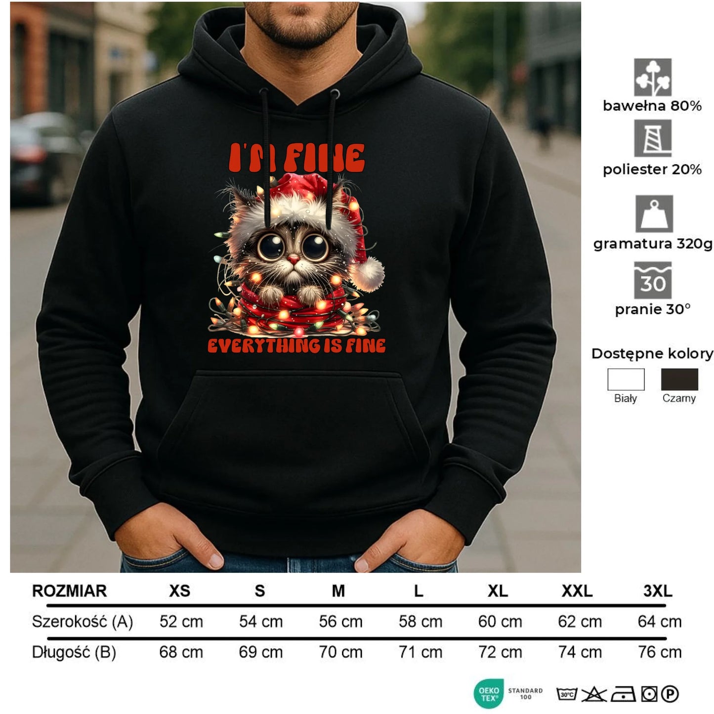 Bluza męska z kapturem świąteczna - Kotek I'm fine everything is fine BN67 - StoryCups.pl