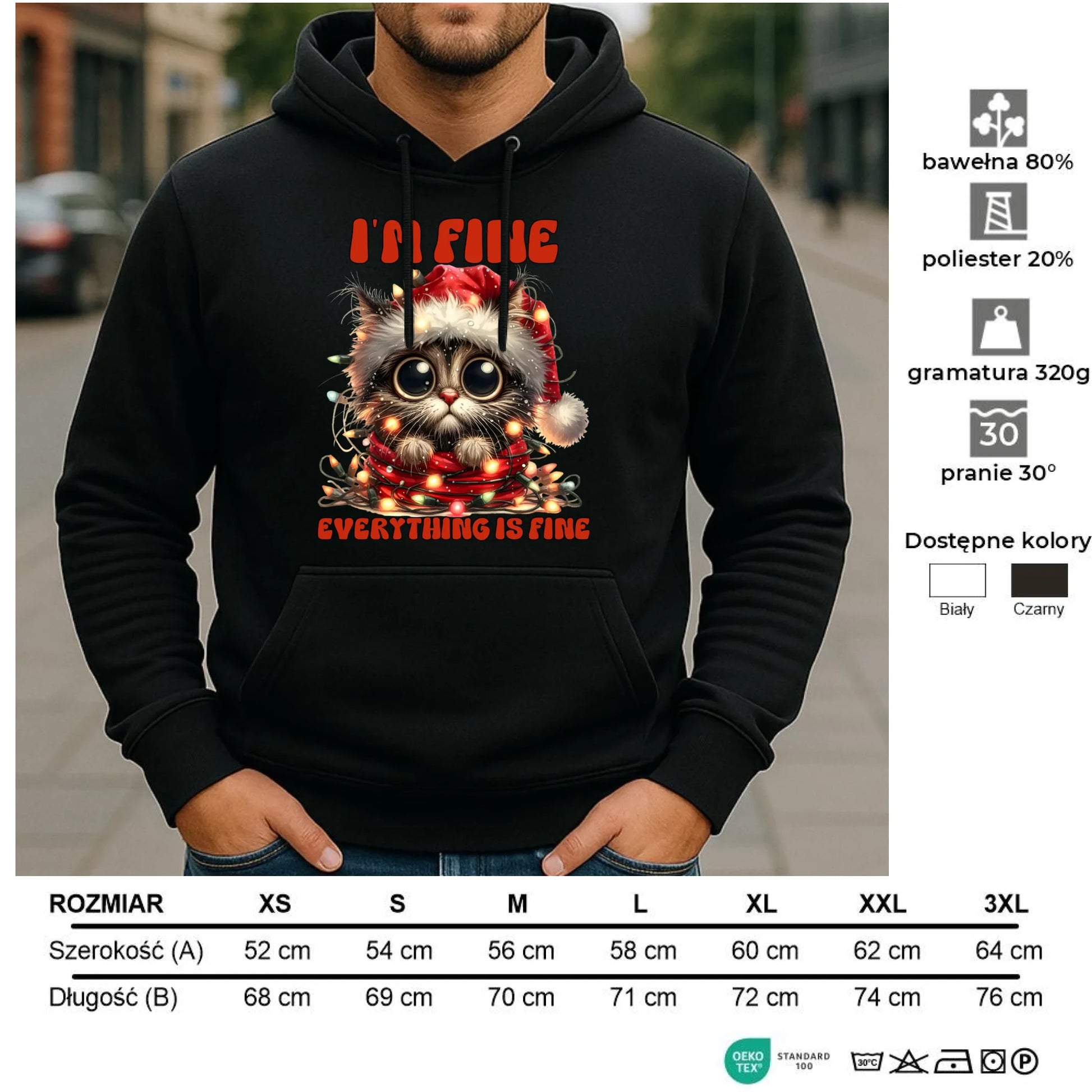 Bluza męska z kapturem świąteczna - Kotek I'm fine everything is fine BN67 - StoryCups.pl