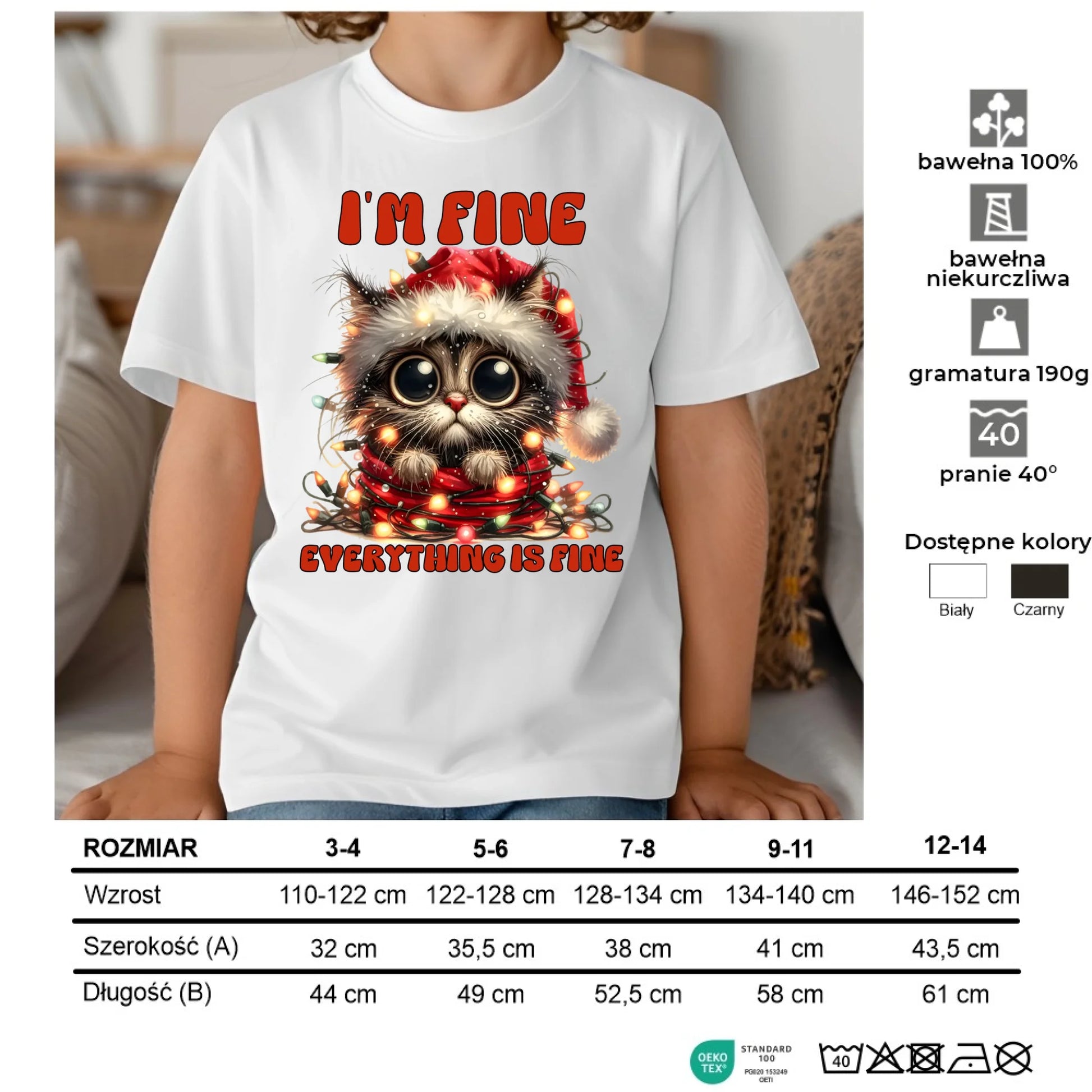 Koszulka dziecięca świąteczna - Kotek I'm fine everything is fine BN67 - StoryCups.pl