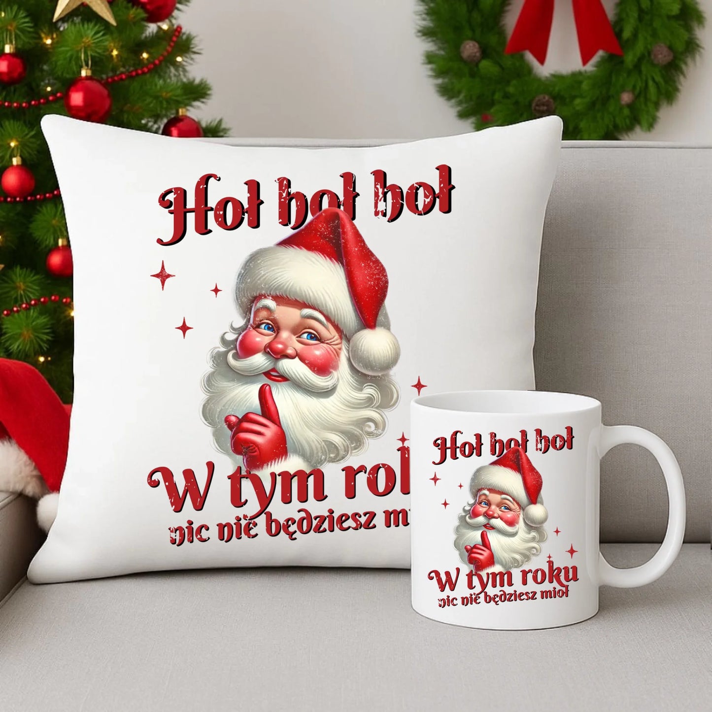 Zestaw poduszka i kubek świąteczny - Mikołaj Hoł hoł nic nie będziesz mioł BN66 - StoryCups.pl