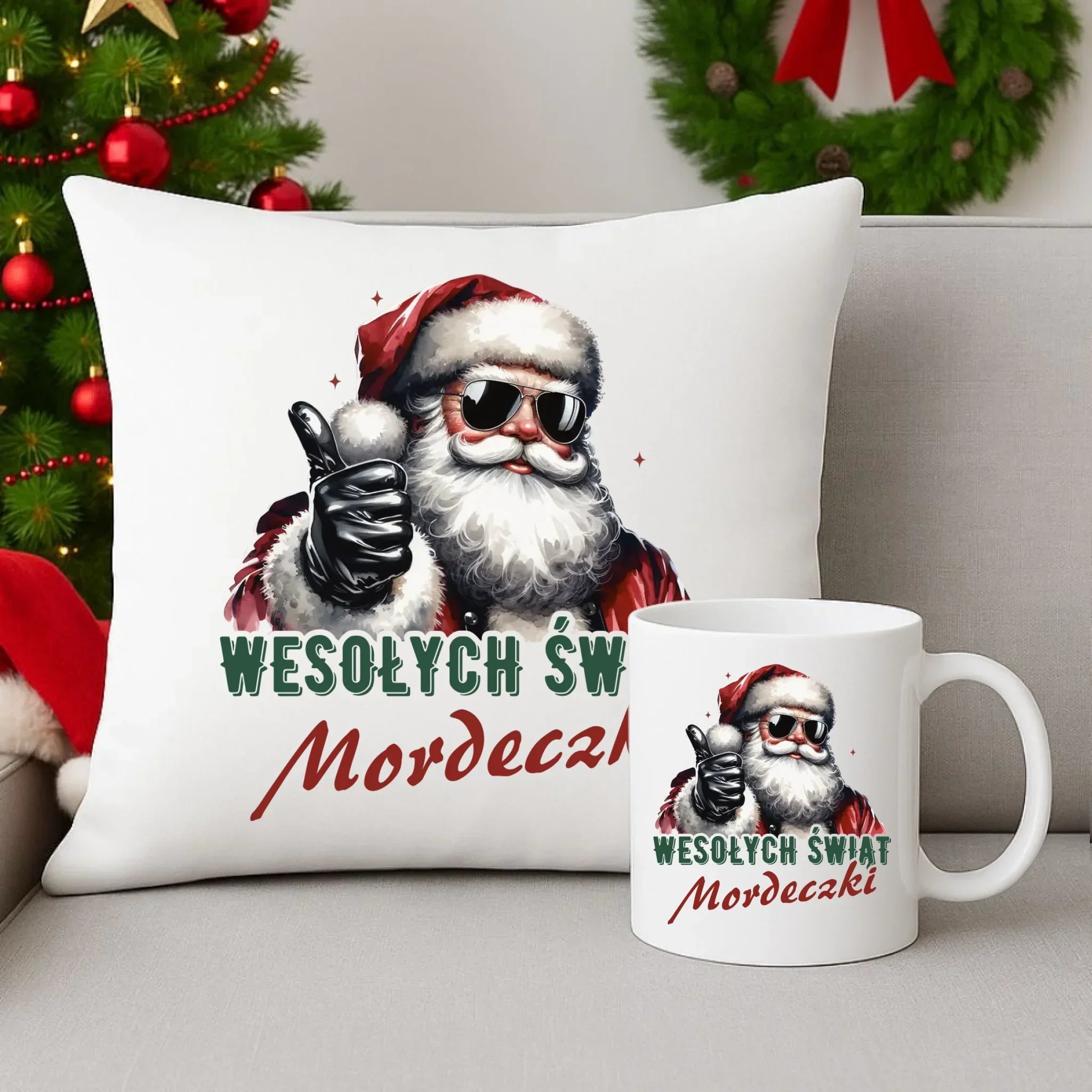 Zestaw poduszka i kubek świąteczny - Mikołaj Wesołych Świąt mordeczki BN65 - StoryCups.pl