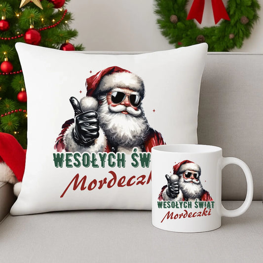 Zestaw poduszka i kubek świąteczny - Mikołaj Wesołych Świąt mordeczki BN65 - StoryCups.pl