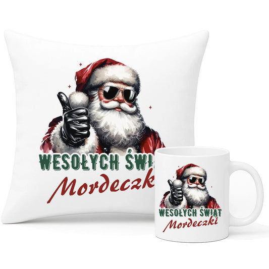 Zestaw poduszka i kubek świąteczny - Mikołaj Wesołych Świąt mordeczki BN65 - StoryCups.pl