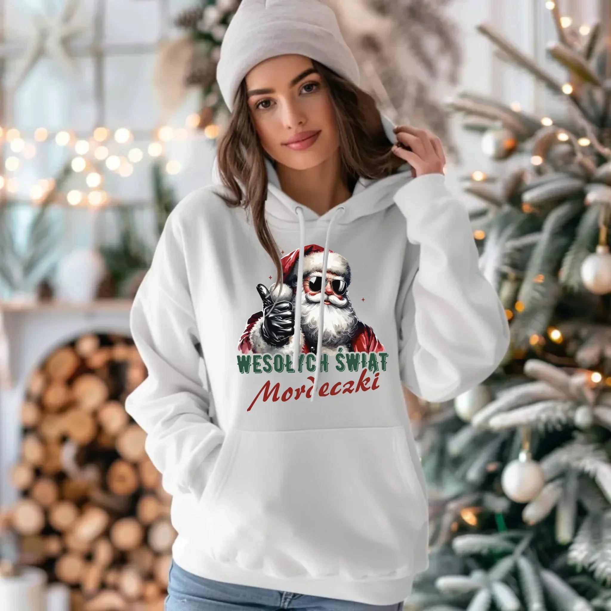 Bluza damska z kapturem świąteczna - Mikołaj Wesołych Świąt mordeczki BN65 - StoryCups.pl