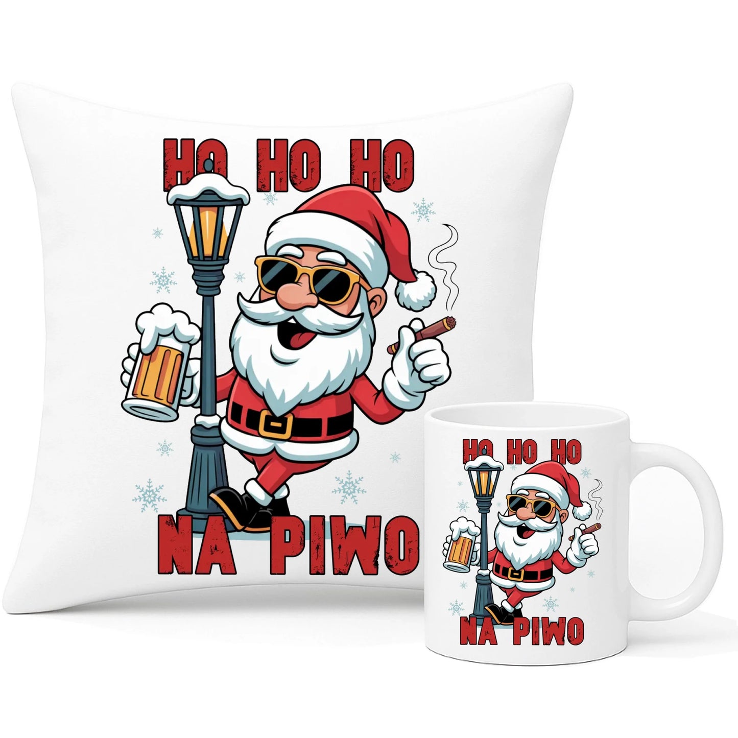 Zestaw poduszka i kubek świąteczny - Mikołaj Ho ho ho na piwo BN64 - StoryCups.pl
