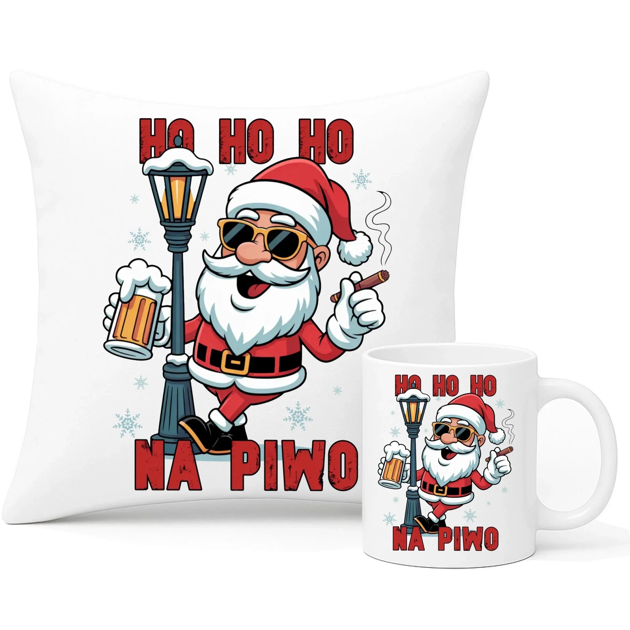 Zestaw poduszka i kubek świąteczny - Mikołaj Ho ho ho na piwo BN64 - StoryCups.pl