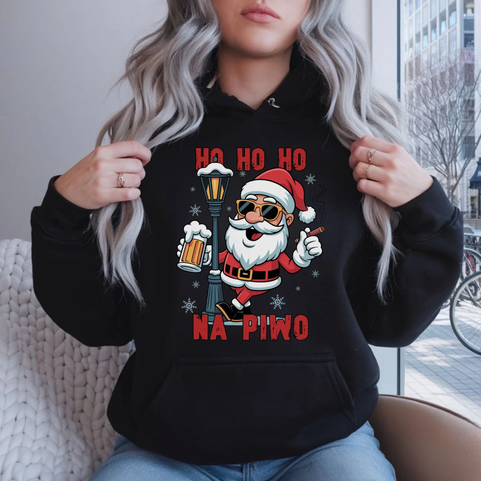 Bluza damska z kapturem świąteczna - Mikołaj Ho ho ho na piwo BN64 - StoryCups.pl