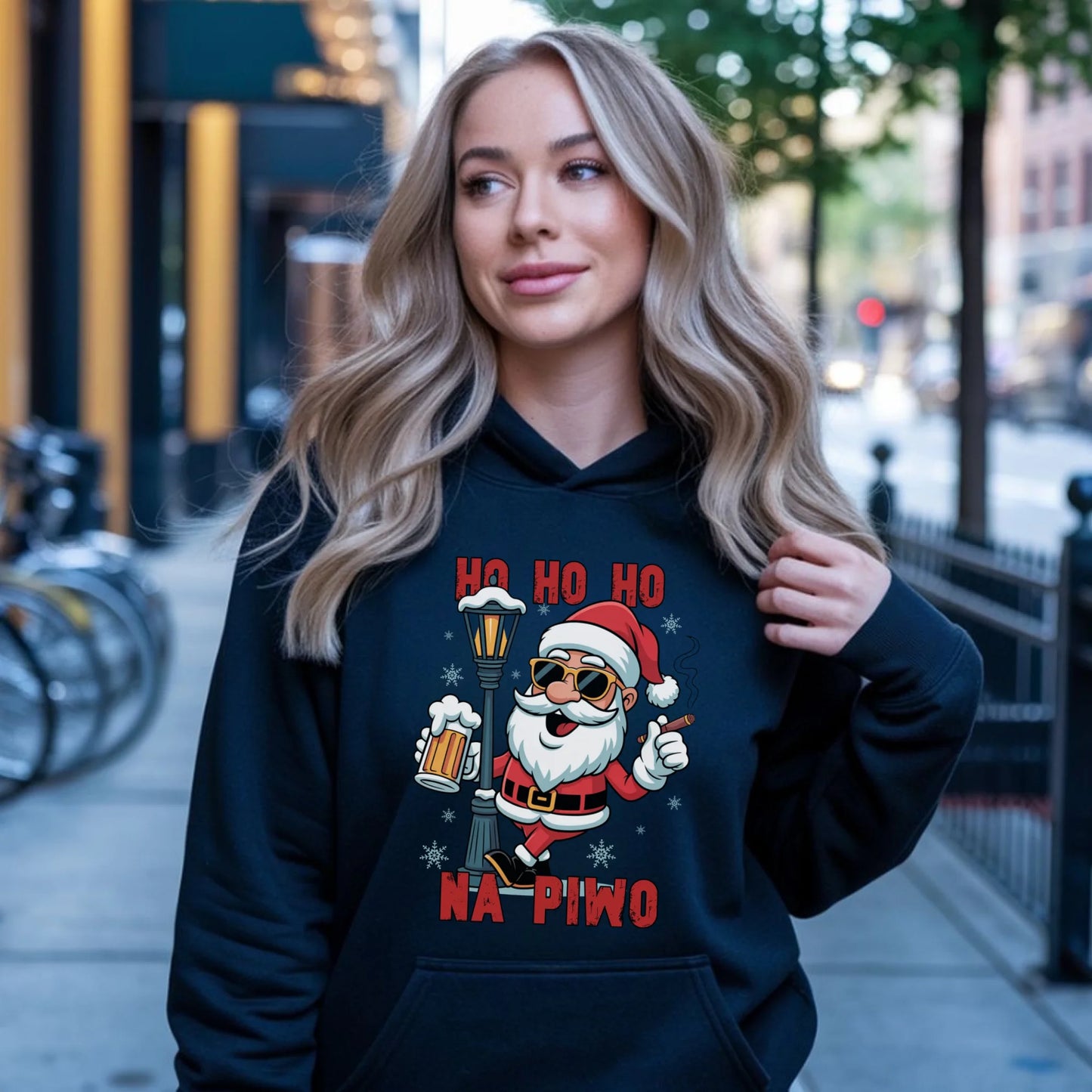 Bluza damska z kapturem świąteczna - Mikołaj Ho ho ho na piwo BN64 - StoryCups.pl