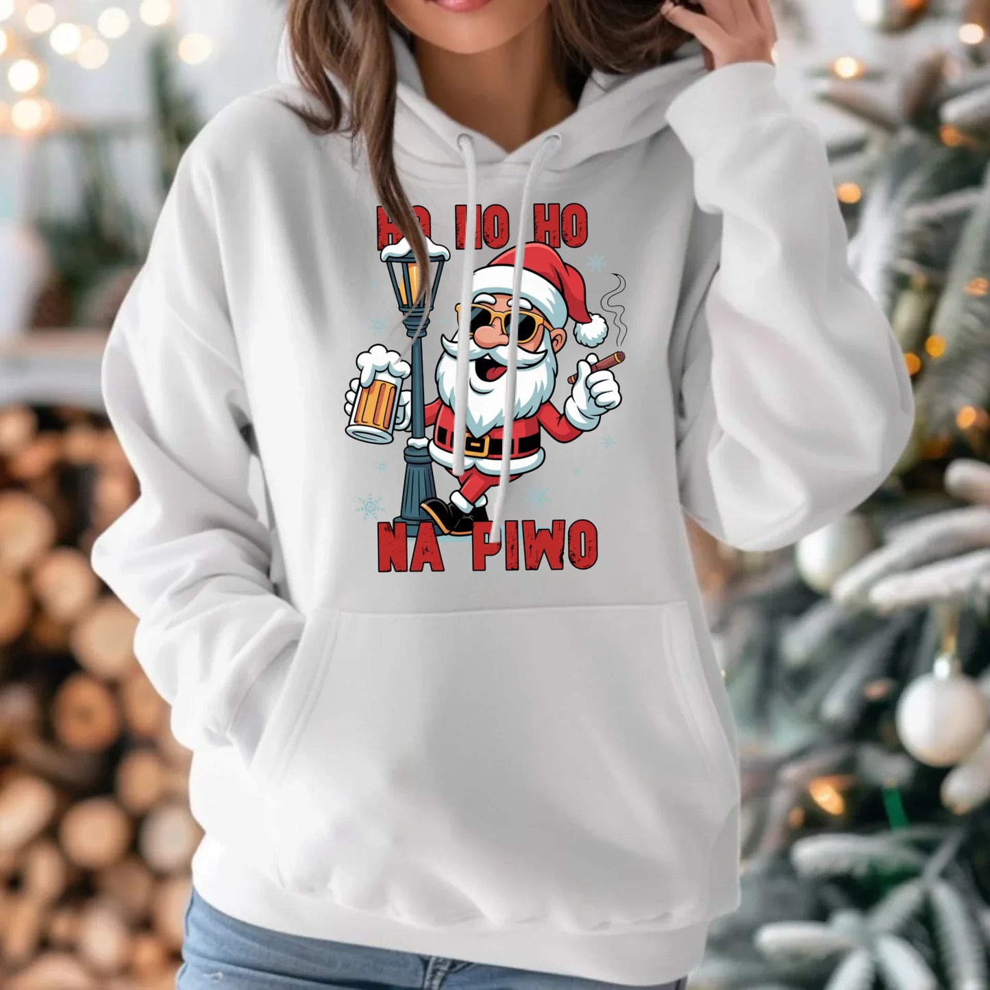 Bluza damska z kapturem świąteczna - Mikołaj Ho ho ho na piwo BN64 - StoryCups.pl