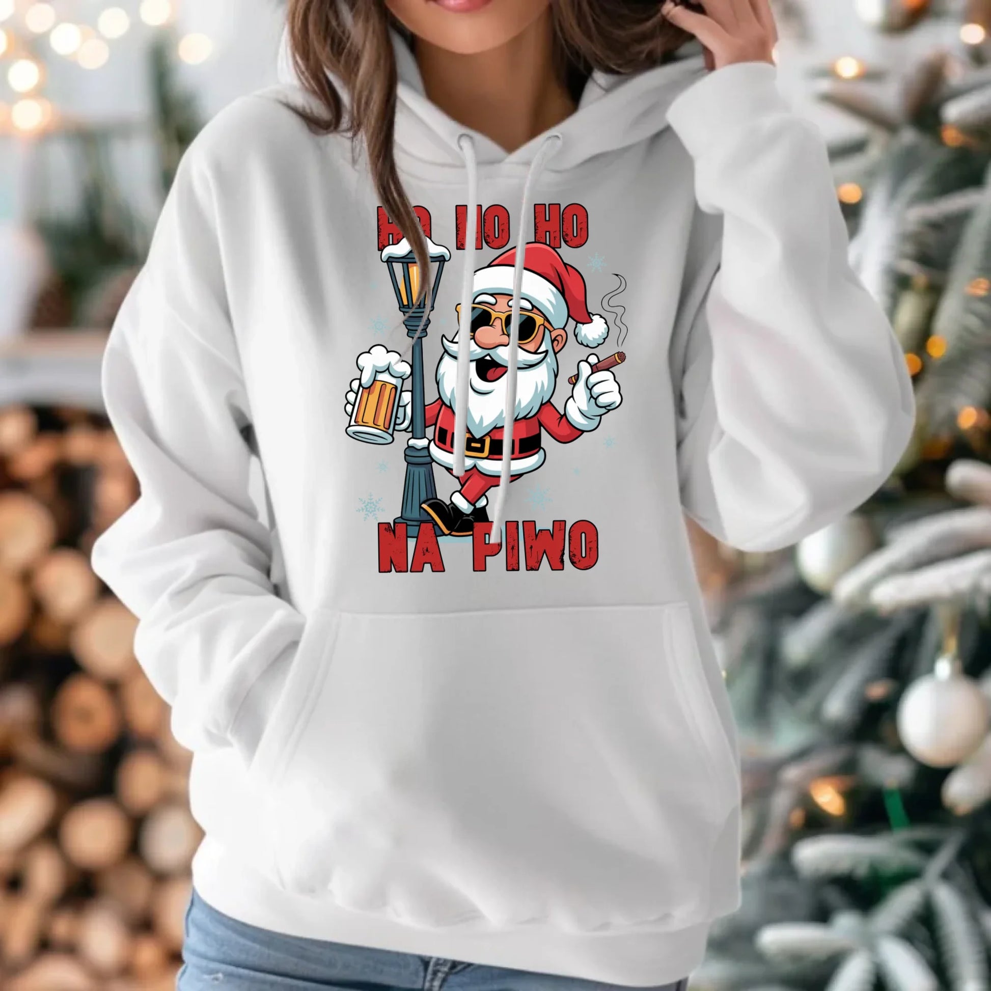 Bluza damska z kapturem świąteczna - Mikołaj Ho ho ho na piwo BN64 - StoryCups.pl